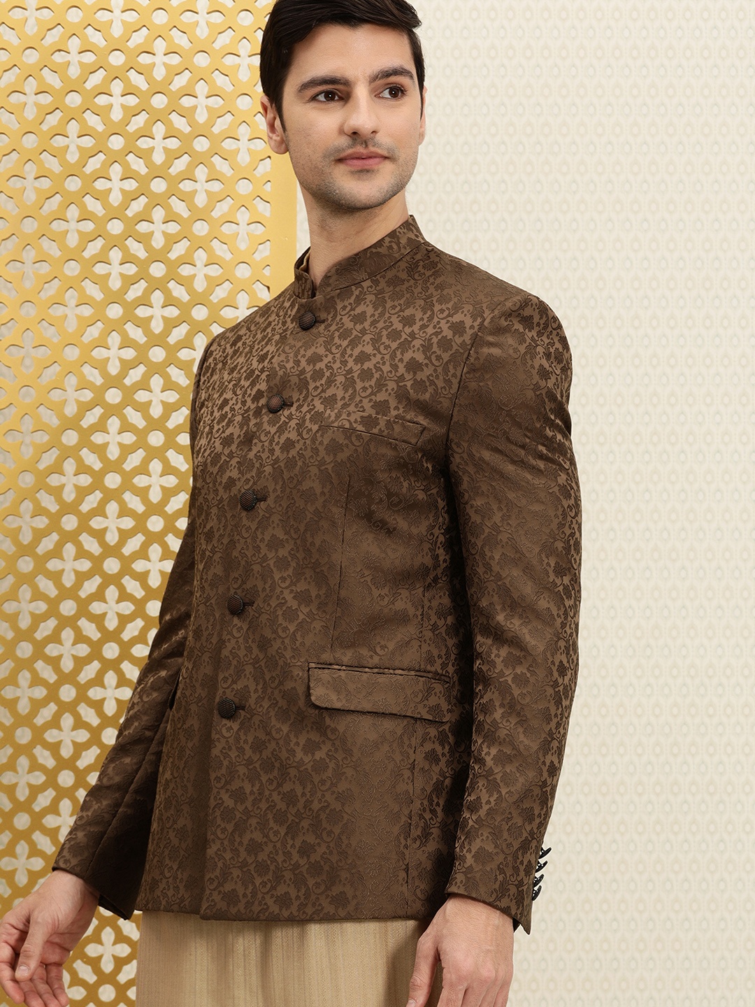 

House of Pataudi Men Brown Woven Design Bandhgala Jashn Blazer
