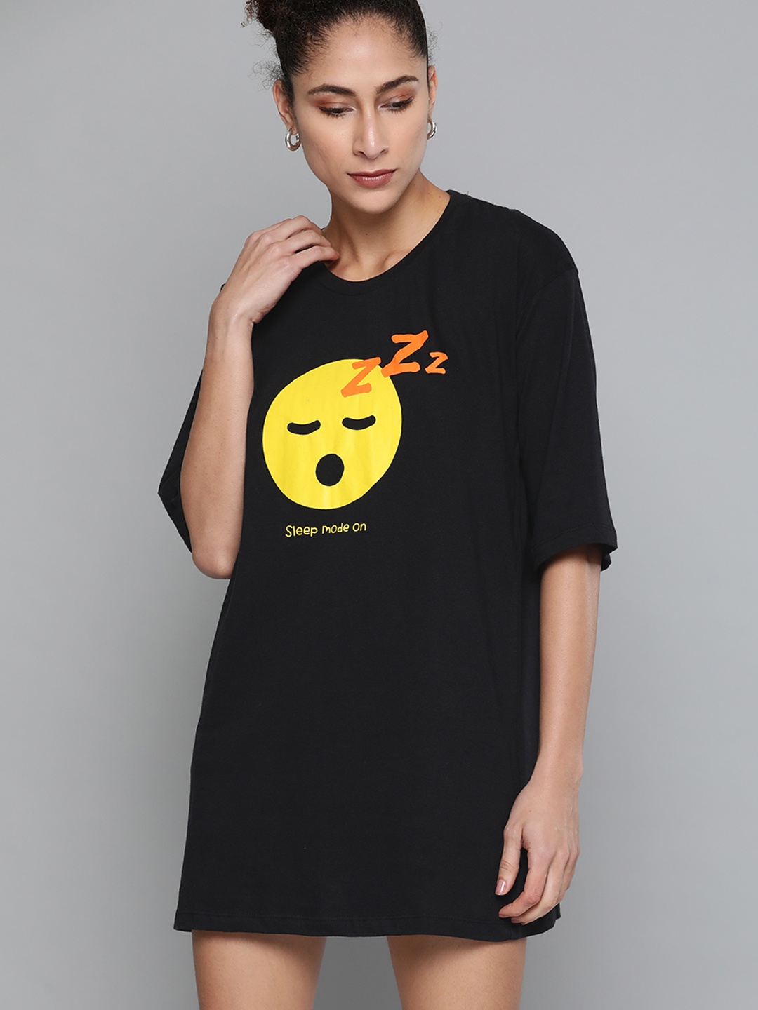 

Kook N Keech Emoji Women Black Yellow Printed Cotton Drop-Shoulder Sleeves Loose Pure Cotton T-shirt