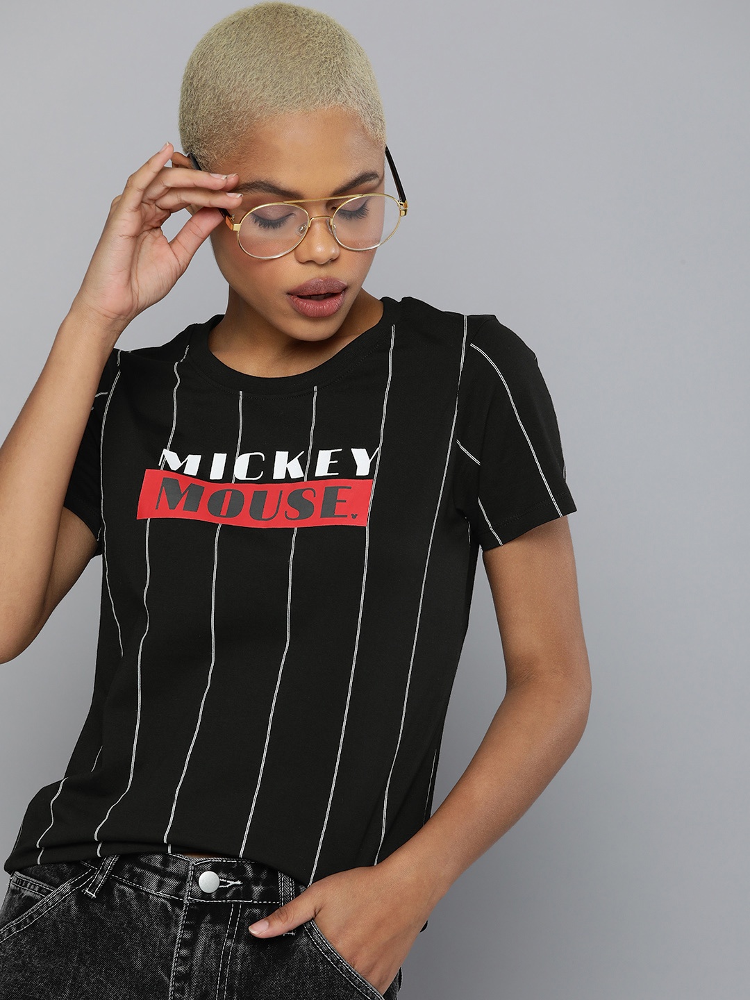 

Kook N Keech Disney Women Black Striped And Mickey Mouse Typography Printed T-shirt