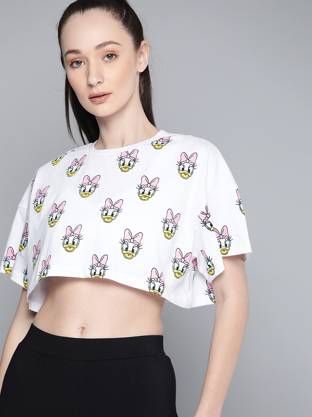 

Kook N Keech Disney Women White & Pink Daisy Duck Printed Pure Cotton Crop T-shirt
