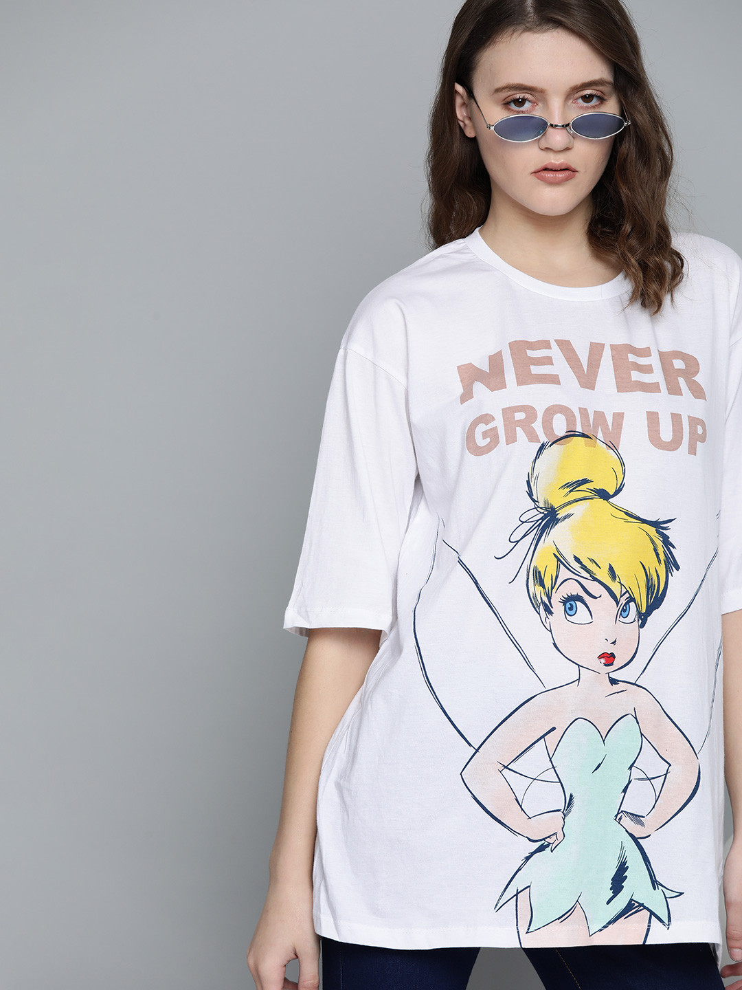 

Kook N Keech Disney Women White Tinker Bell Printed Drop-Shoulder Sleeves T-shirt