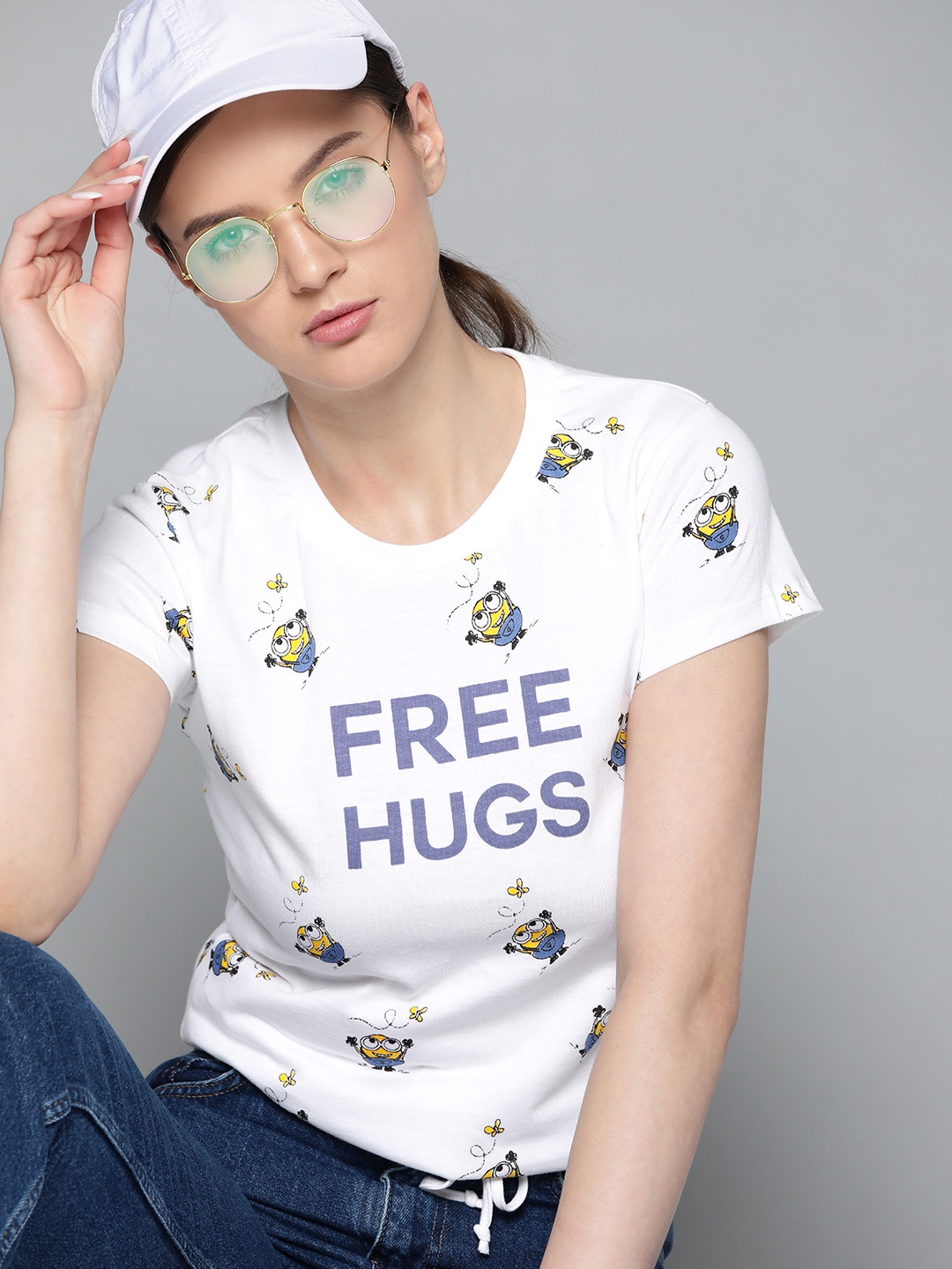 

Kook N Keech Emoji Women White & Blue Minions Printed Pure Cotton T-shirt