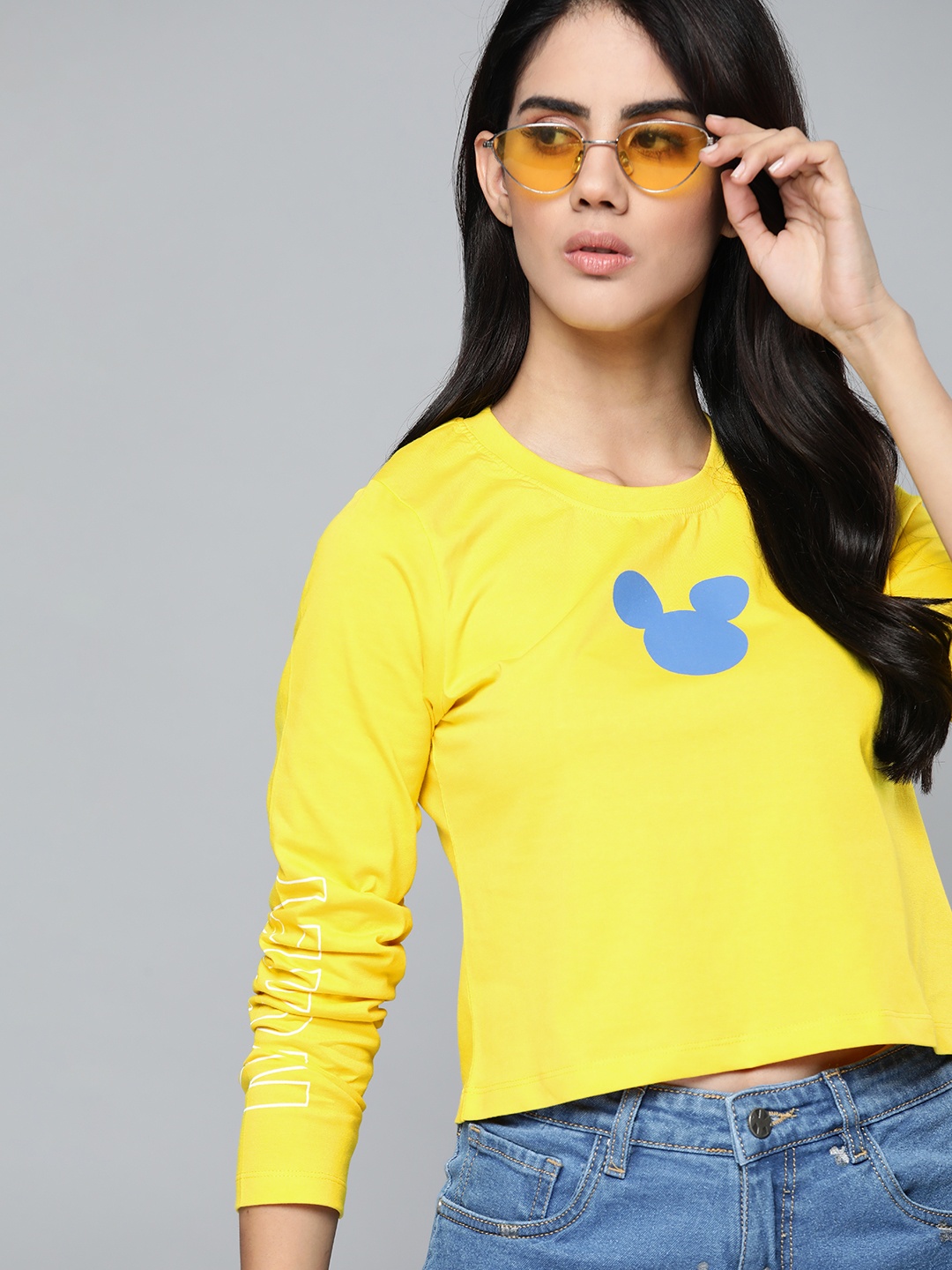 

Kook N Keech Disney Women Yellow Pure Cotton Mickey Mouse Print Cropped T-shirt