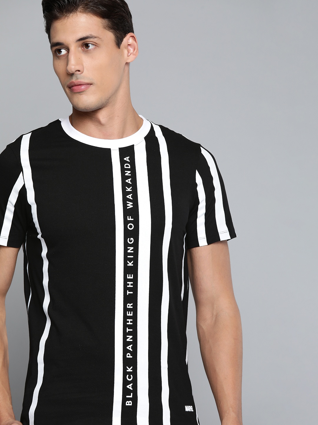 

Kook N Keech Marvel Men Black White Pure Cotton Striped Pure Cotton T-shirt