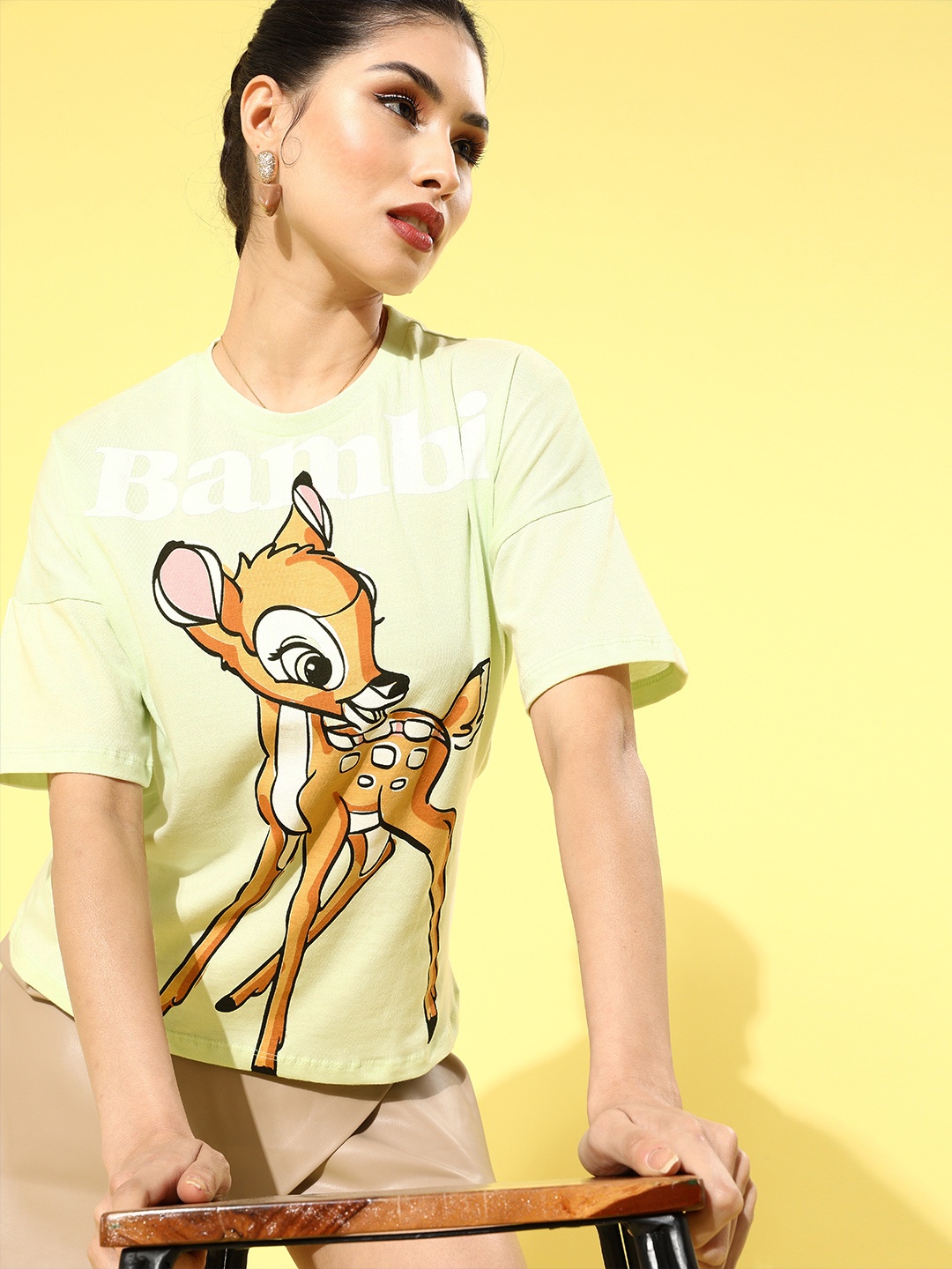 

Kook N Keech Disney Women Gorgeous Green Bambi Drop-Shoulder Sleeves Tshirt