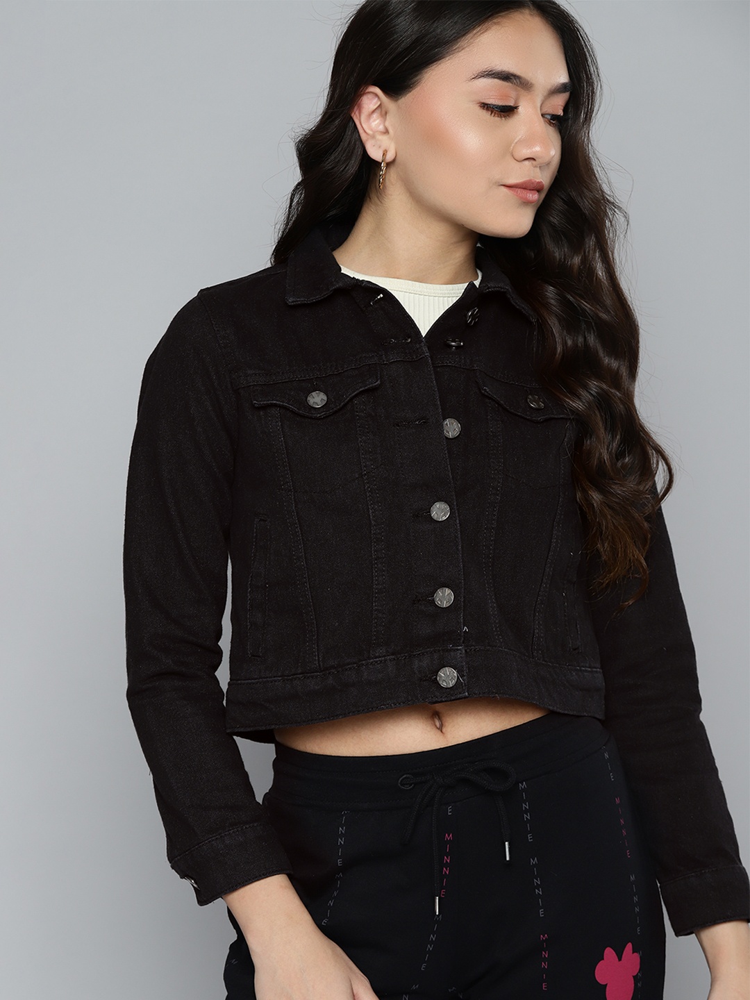 

Kook N Keech Women Black Cotton Crop Denim Jacket