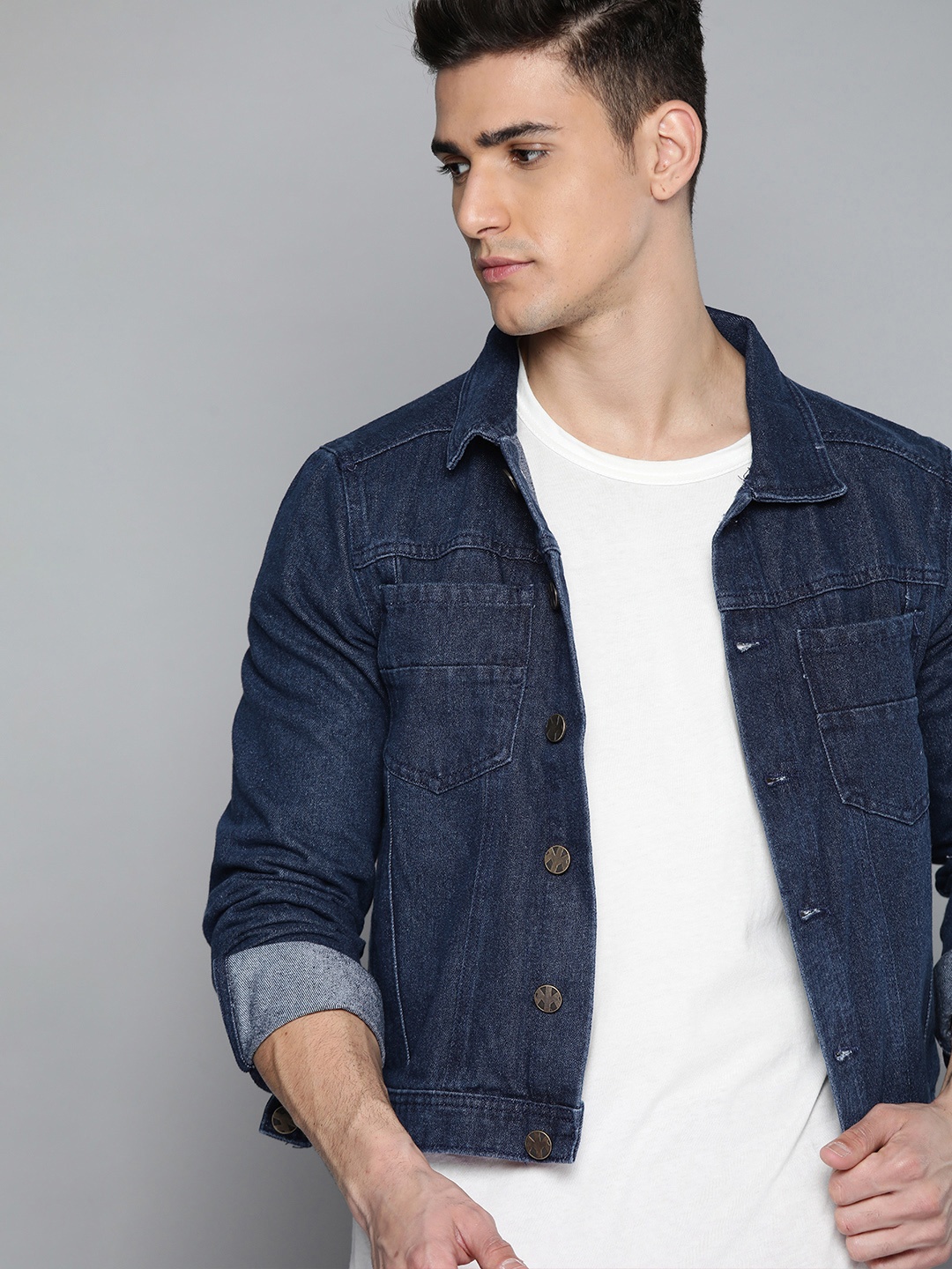 

Kook N Keech Men Navy Blue Solid Pure Cotton Denim Jacket