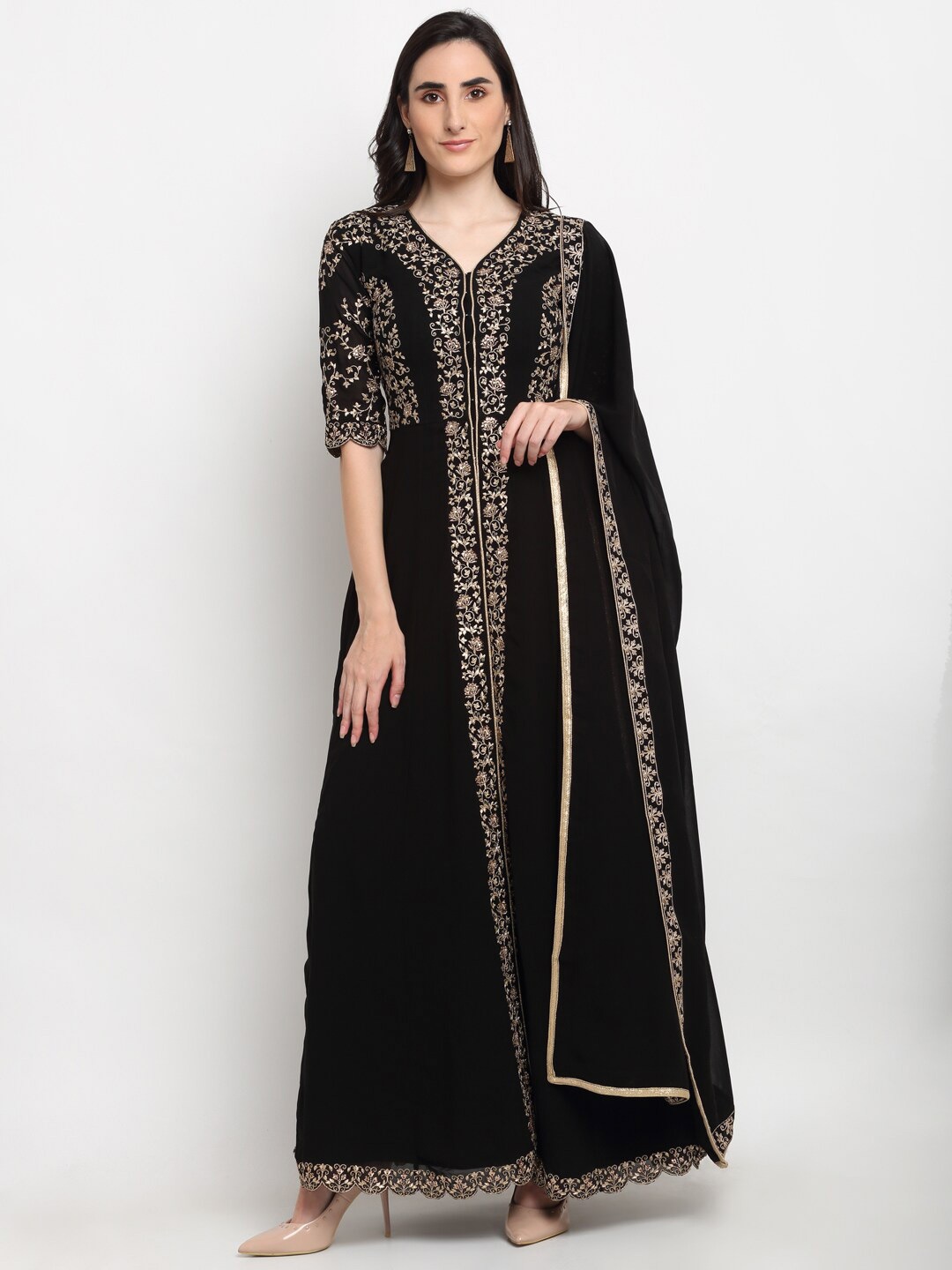 

Stylee LIFESTYLE Black & Gold-Toned Embroidered Semi-Stitched Dress Material