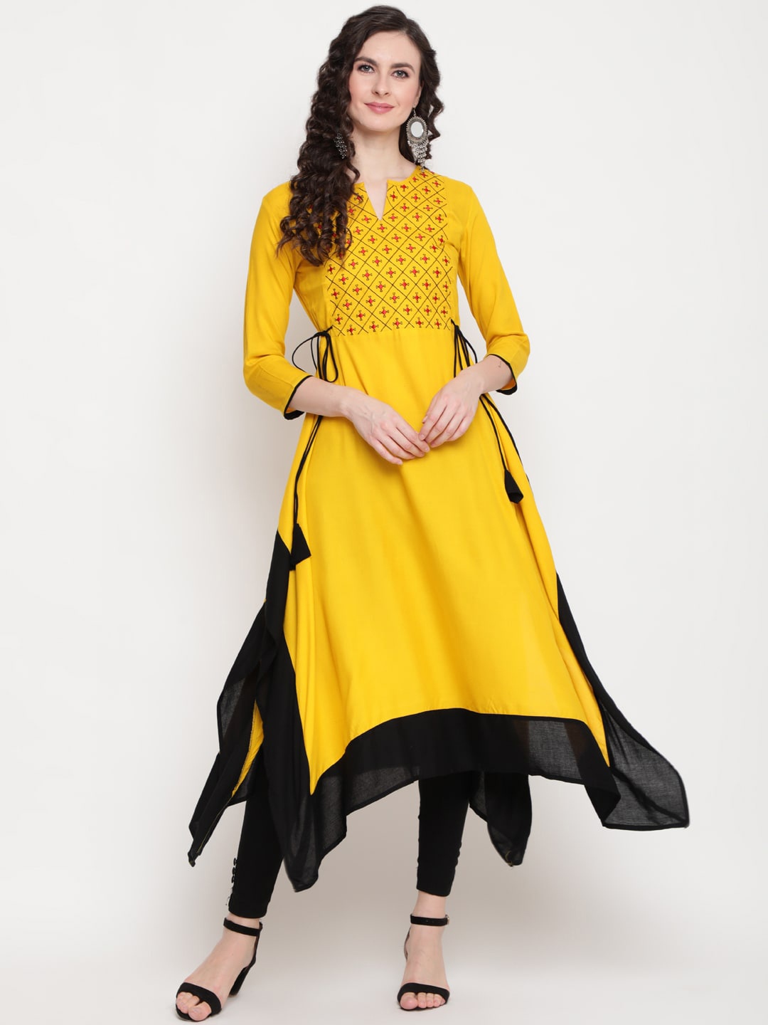 

GULMOHAR JAIPUR Women Mustard Yellow & Black Yoke Design Thread Work Asymmetric Kurta