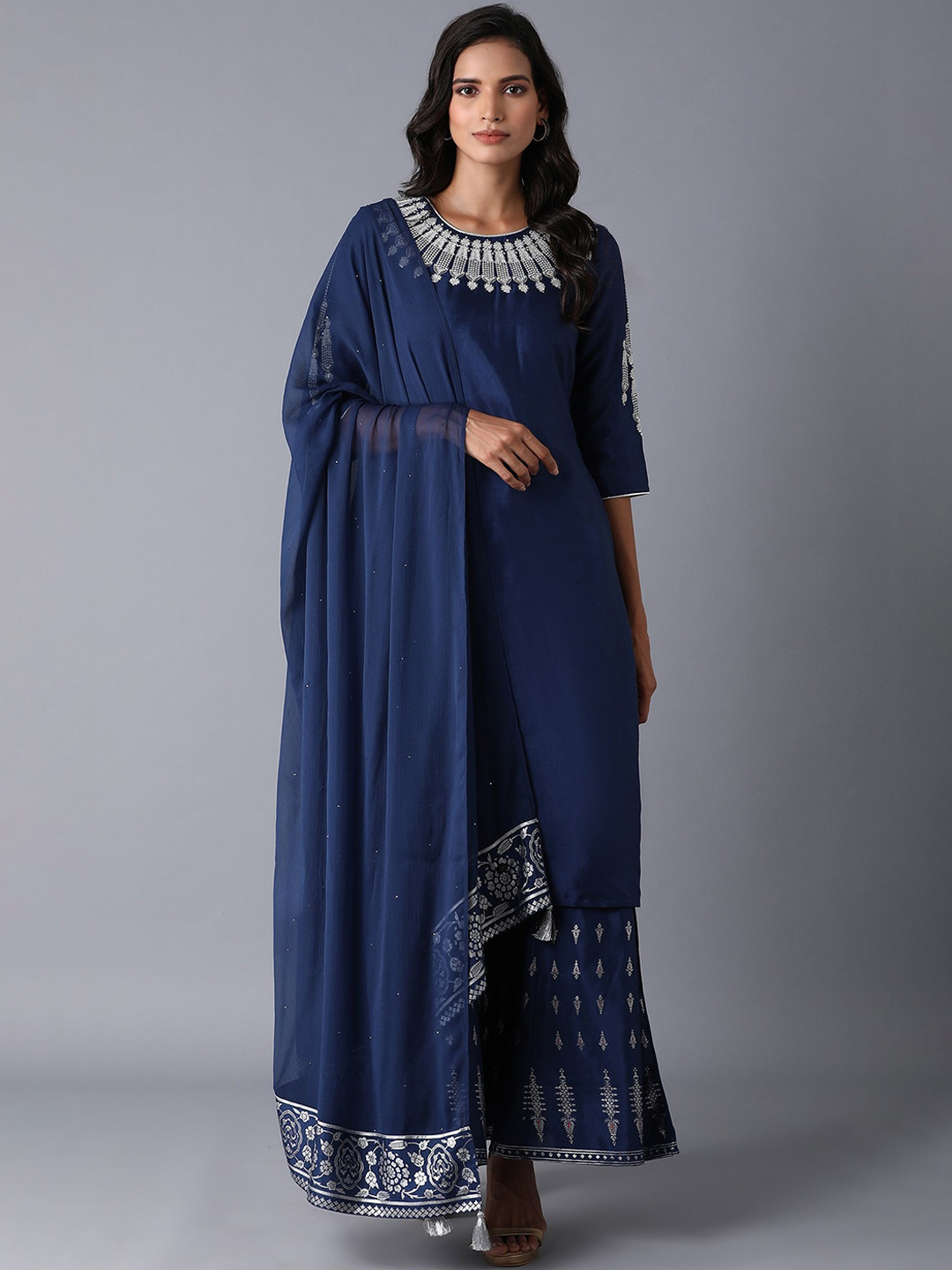 

WISHFUL Women Navy Blue Embroidered Thread Work Kurta with Palazzos & With Dupatta