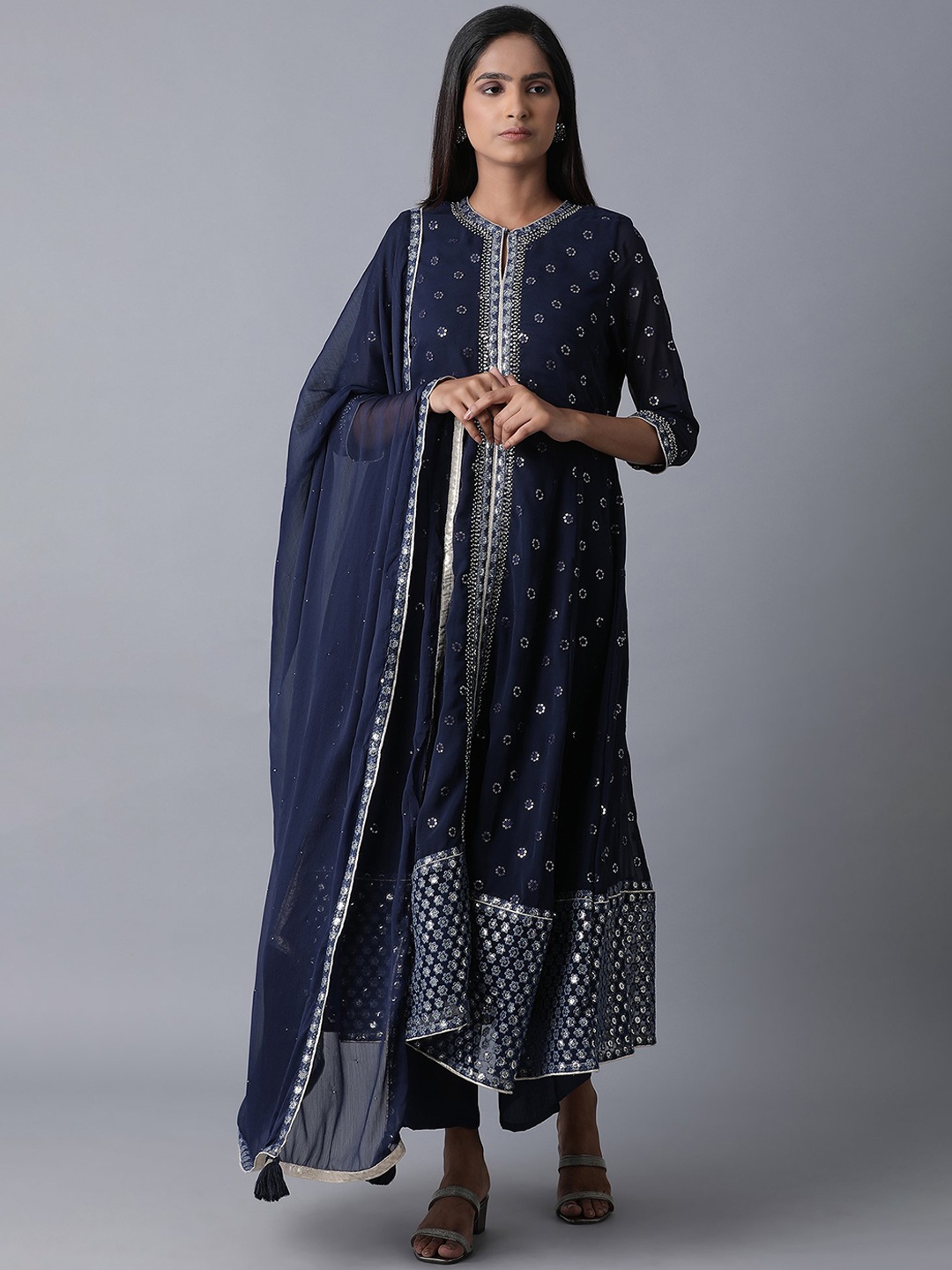 

WISHFUL Women Navy Blue & Silver Sequinned Kurta with Palazzos & With Dupatta