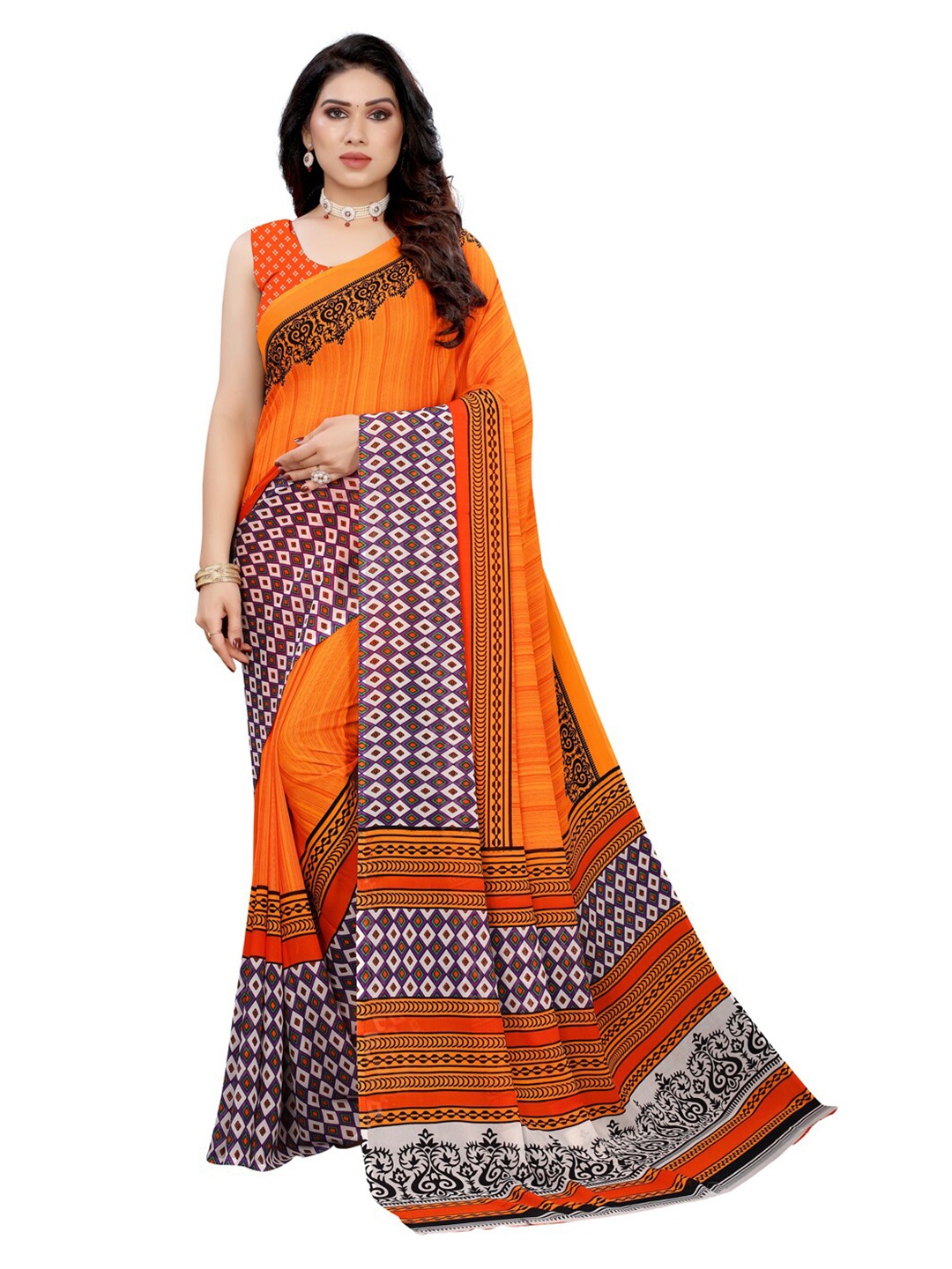 

KALINI Orange & Black Pure Georgette Saree