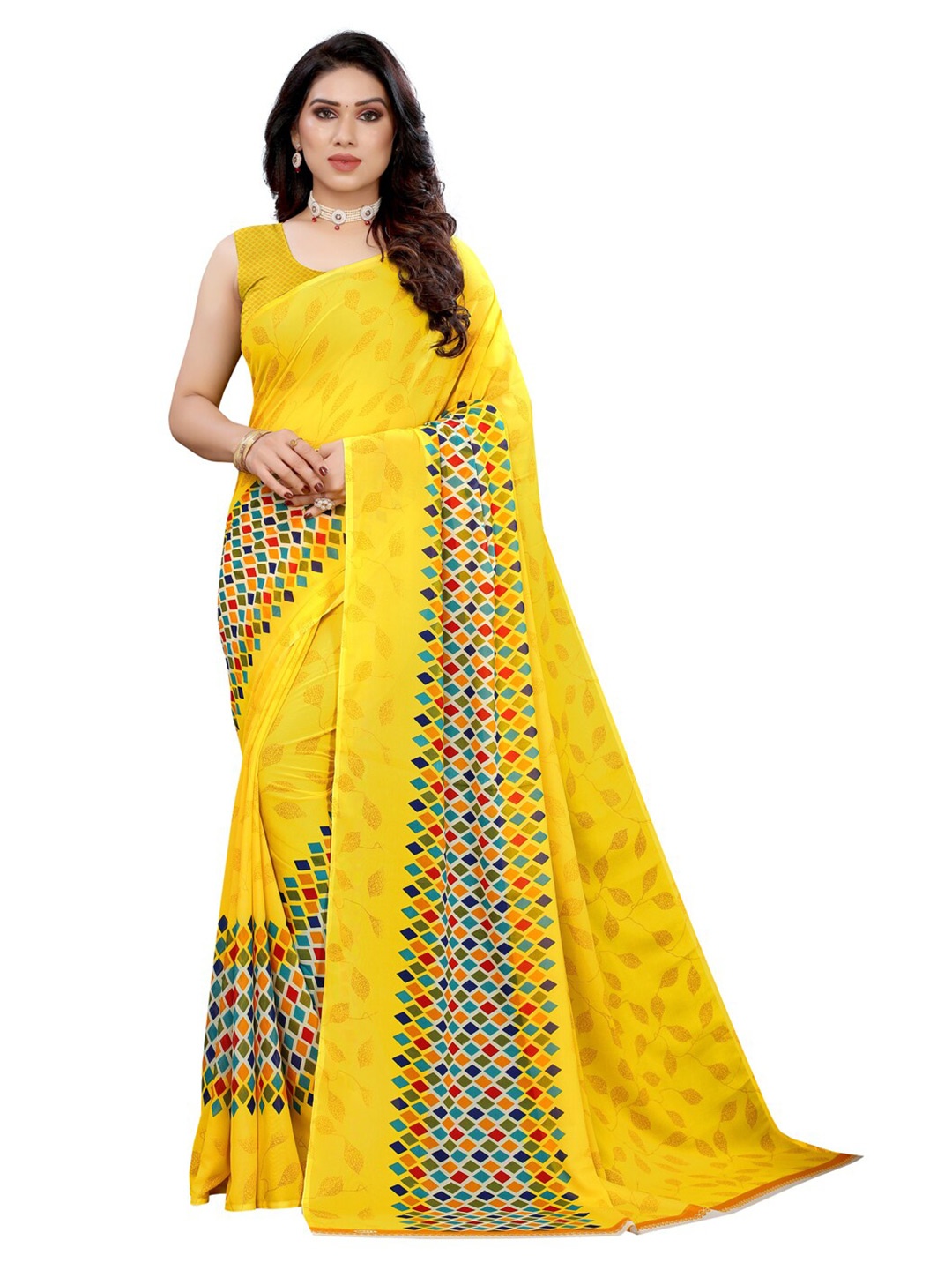 

KALINI Yellow & Blue Ethnic Motifs Pure Georgette Saree