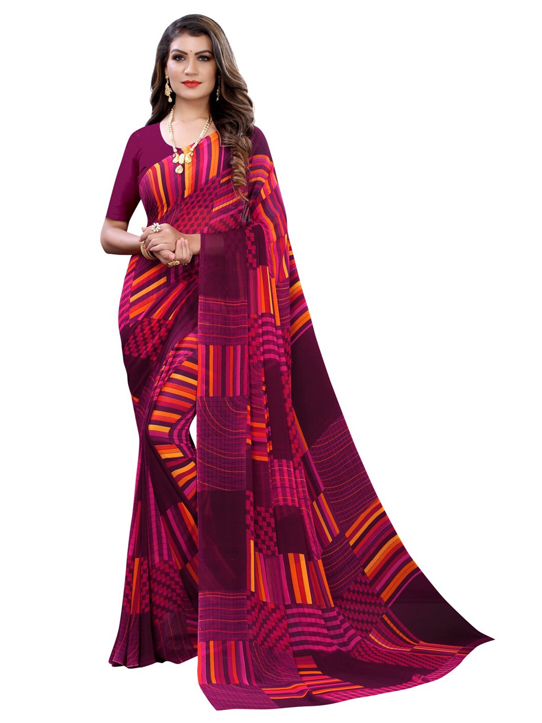 

KALINI Magenta & Orange Colourblocked Pure Georgette Saree