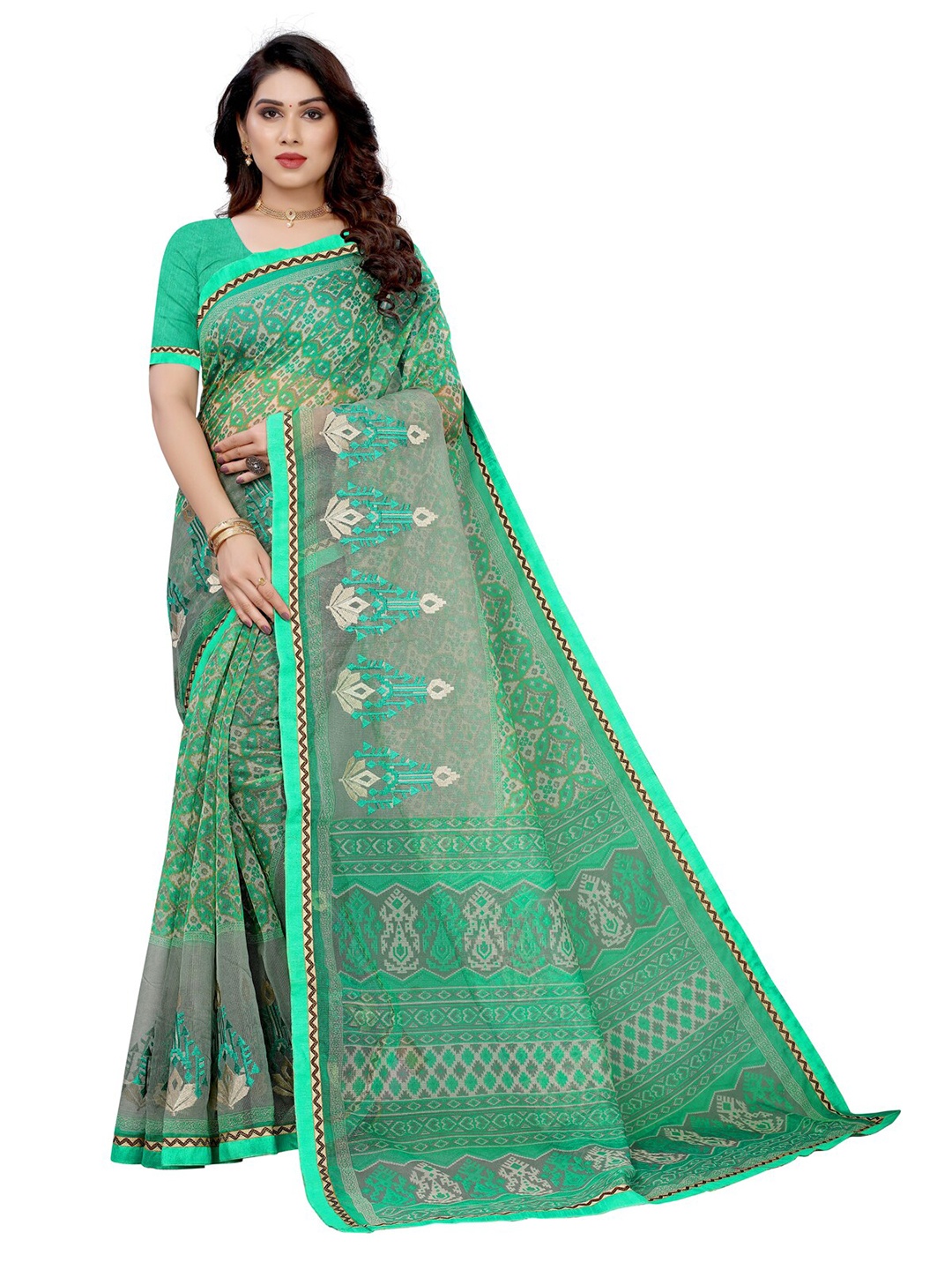 

KALINI Sea Green & Grey Geometric Print Saree