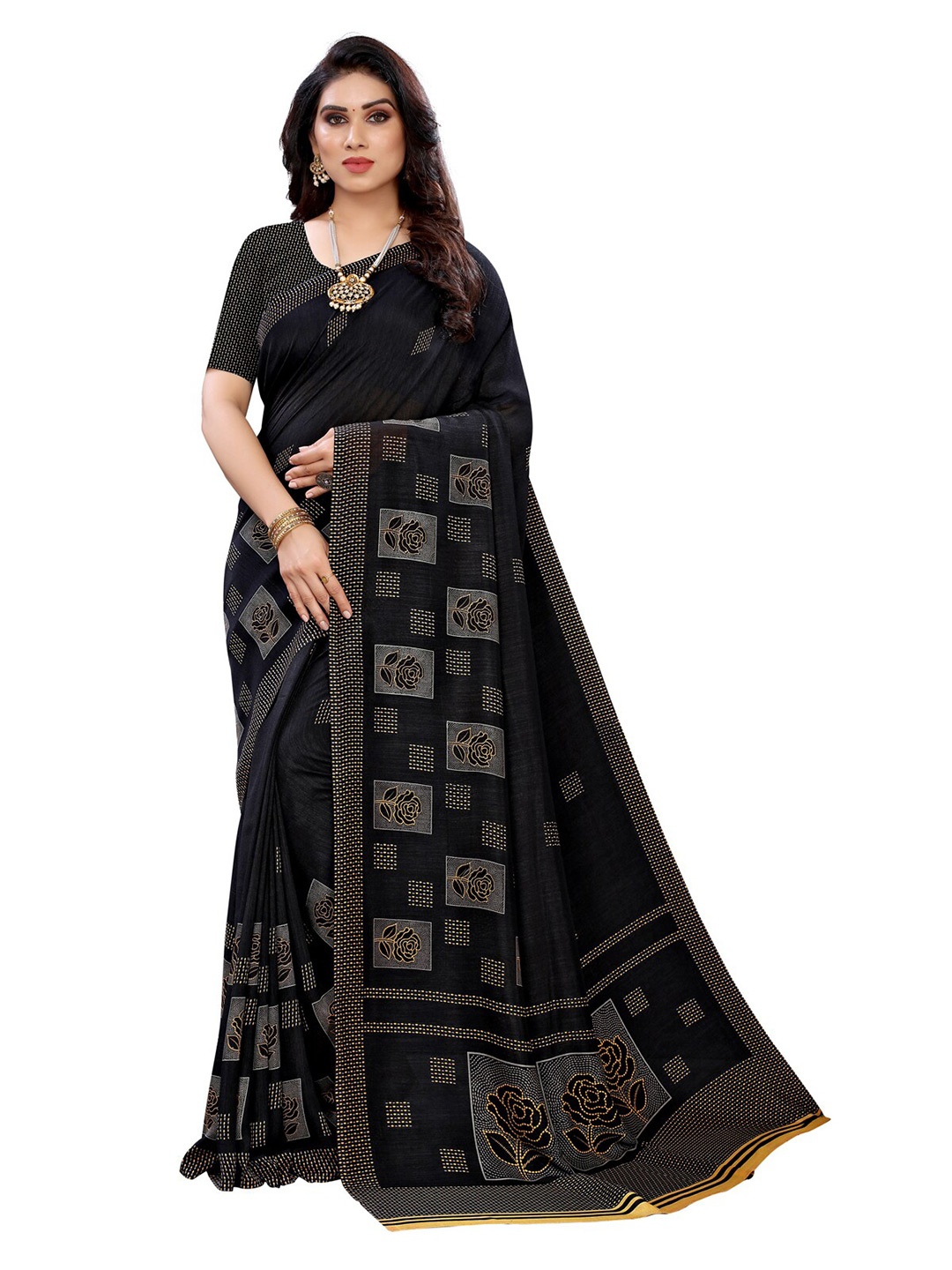 

KALINI Black & Grey Floral Print Saree