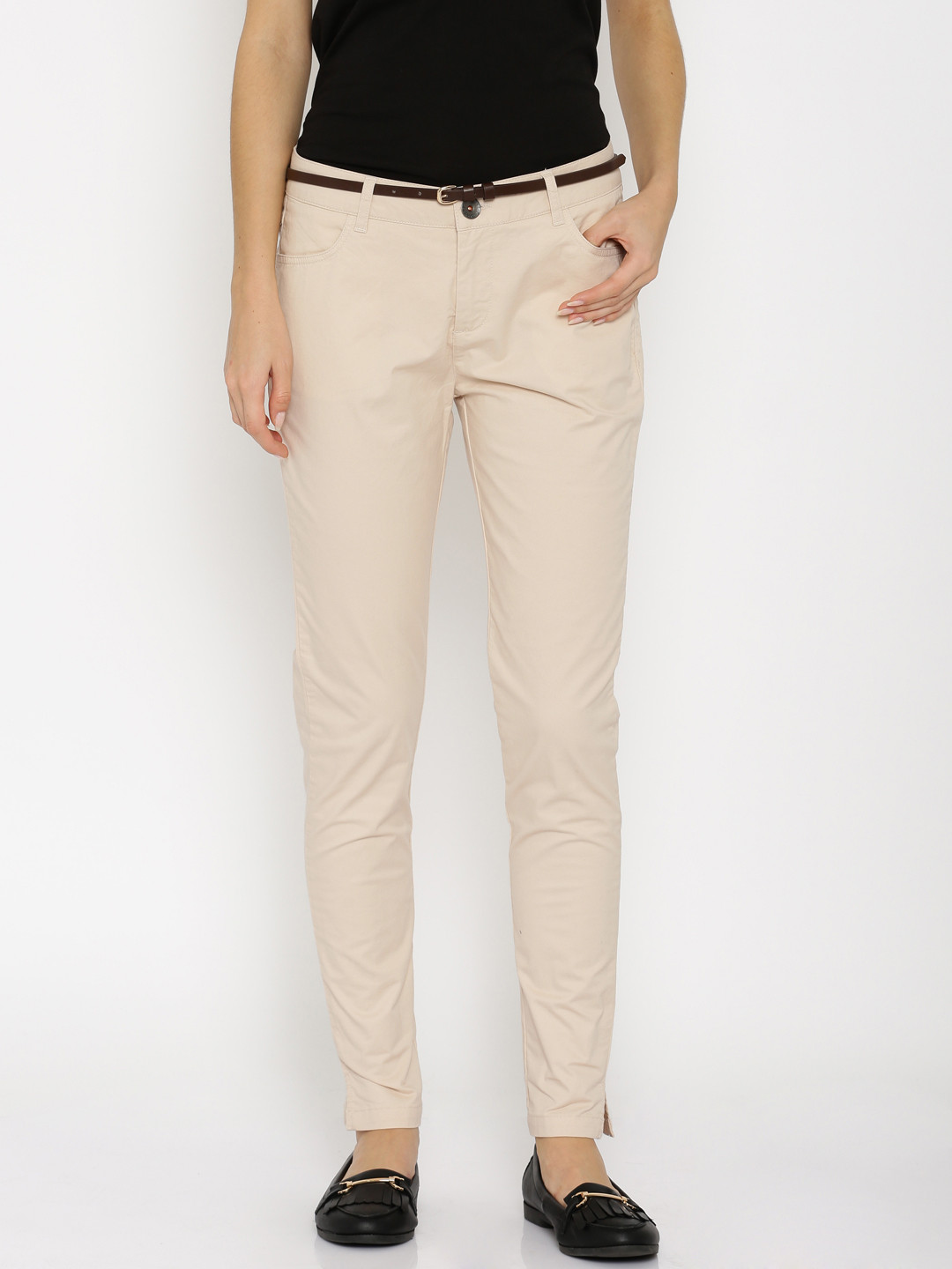 

United Colors of Benetton Women Beige Solid Flat-Front Trousers