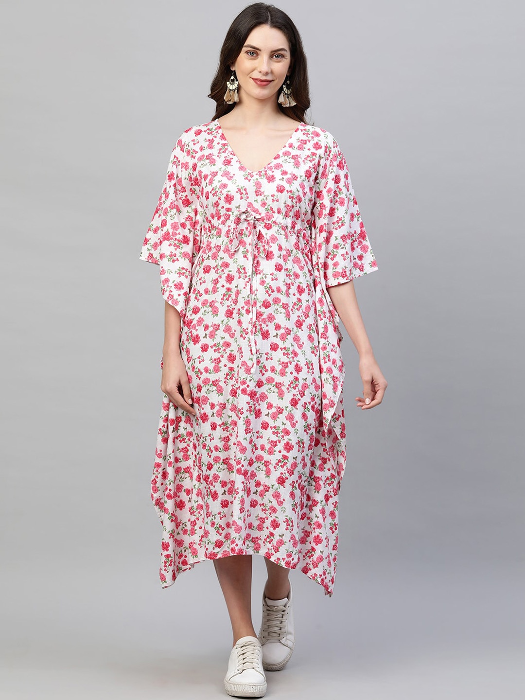 

FASHOR Women Pink and Off-White Floral Chiffon Kaftan Midi Dress