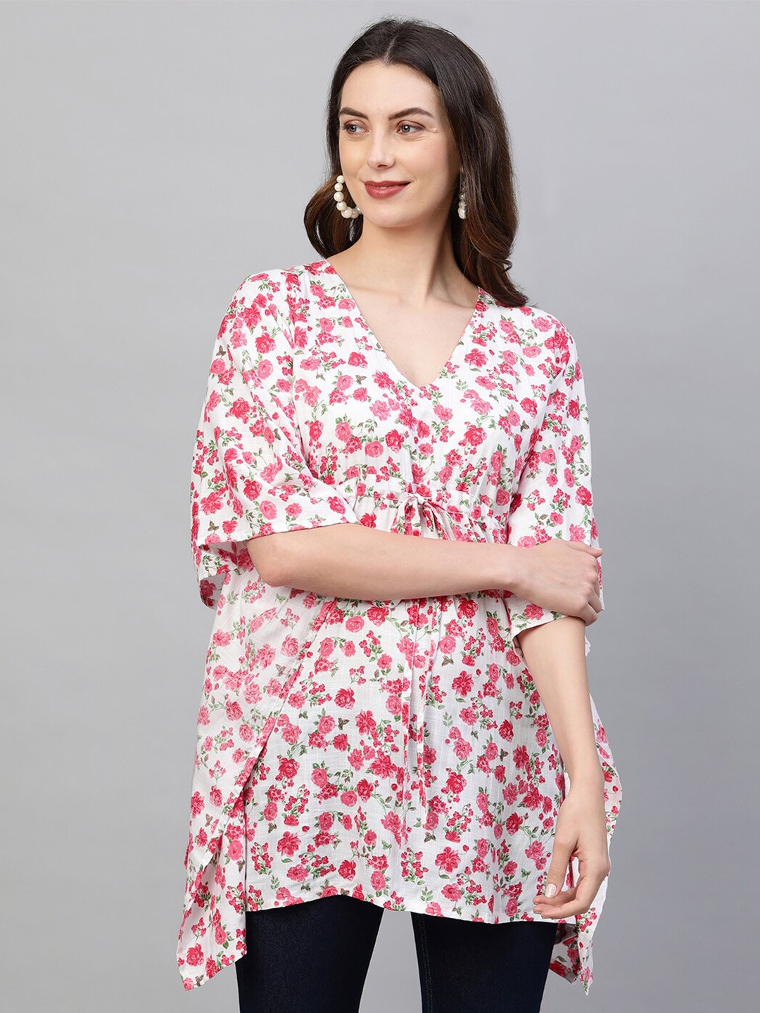 

FASHOR Women White & Pink Floral Printed Pure Cotton Kaftan Top