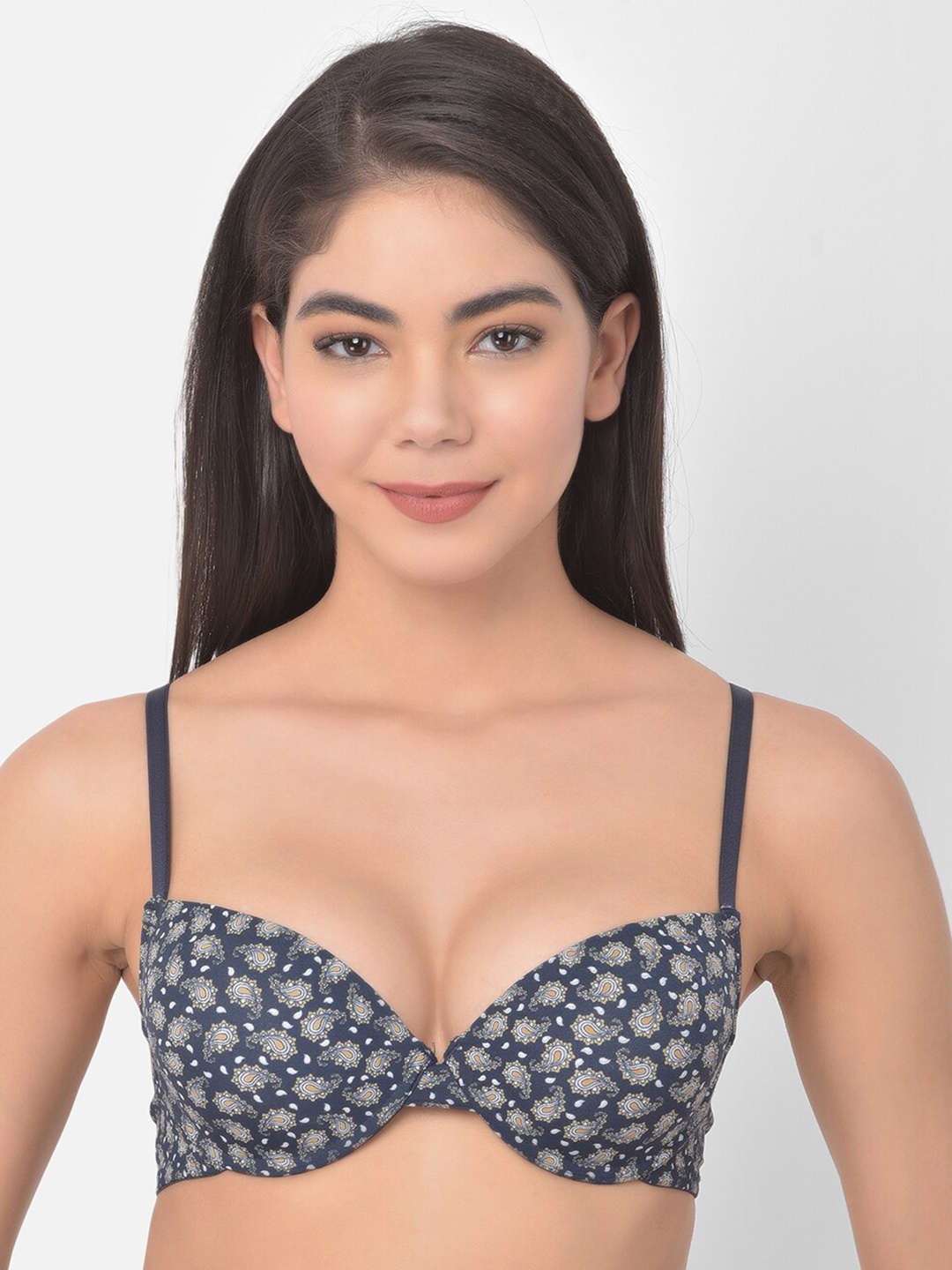 

Clovia Navy Blue Floral Push-Up Bra-Half Coverage Underwired Heavily Padded BR2238R0832B