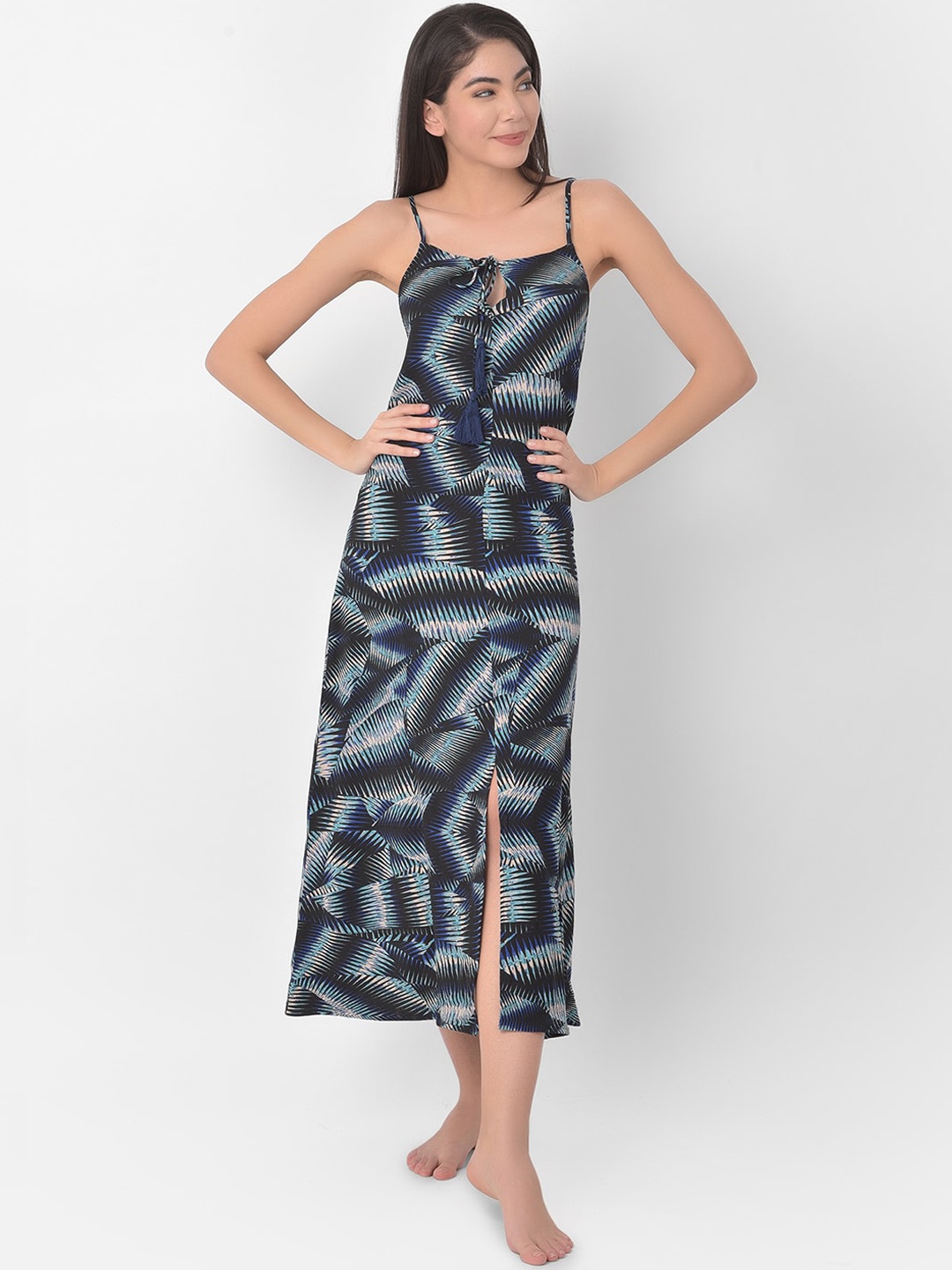 

Clovia Blue & Black Printed Crepe A-Line Midi Dress