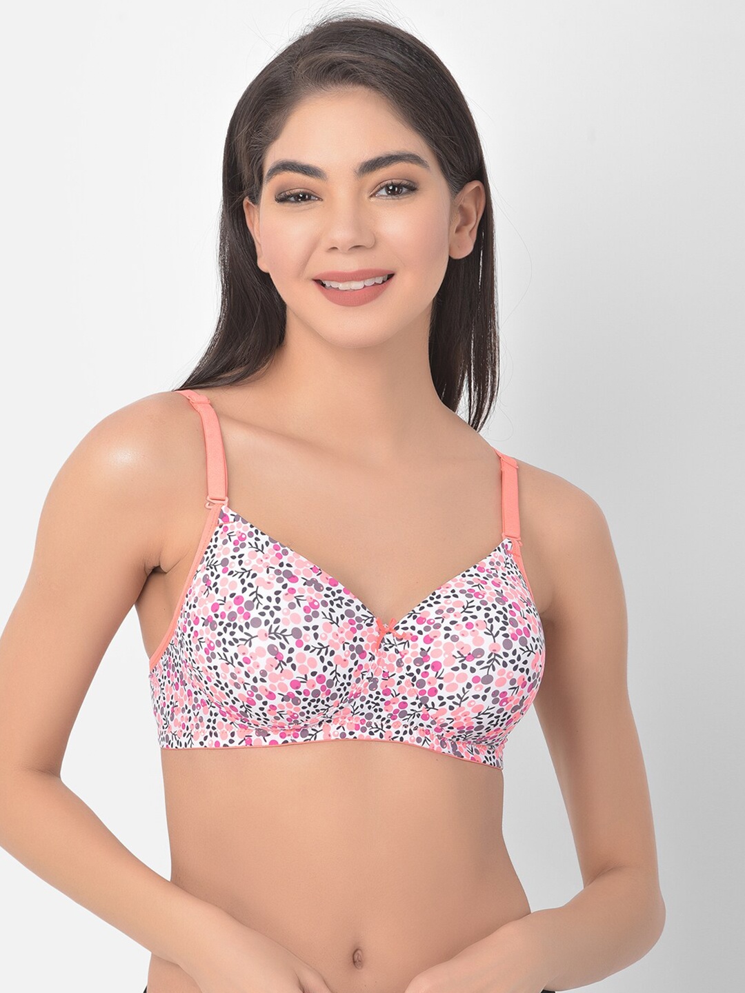 

Clovia White & Pink Floral T-shirt Bra-Full Coverage Heavily Padded BR0935K2236E