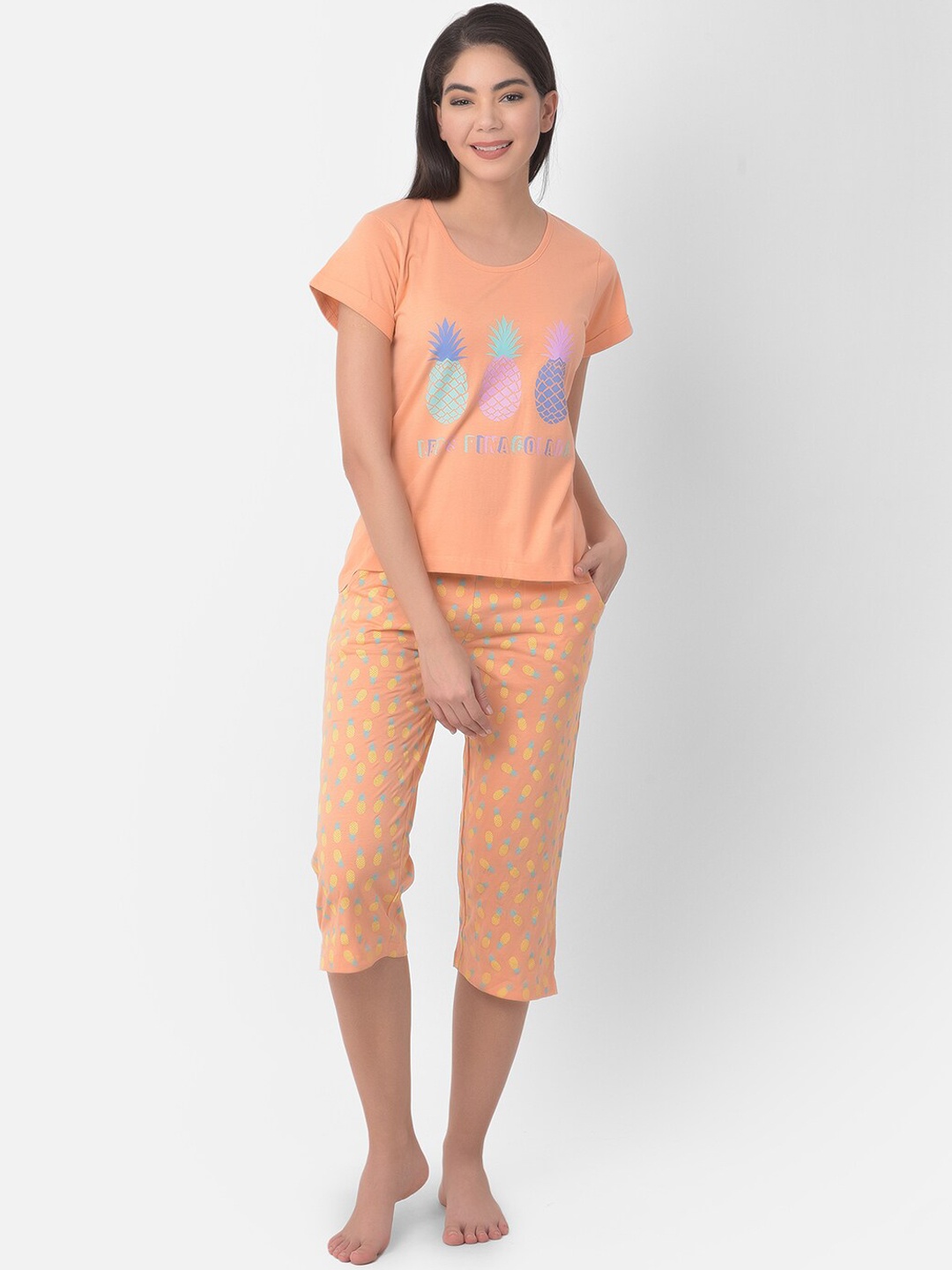 

Clovia Women Orange & Yellow Printed Night suit