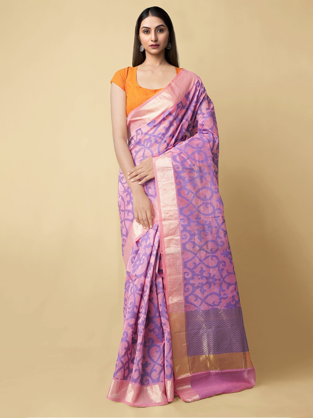 

Unnati Silks Pink & Blue Woven Design Net Kota Saree