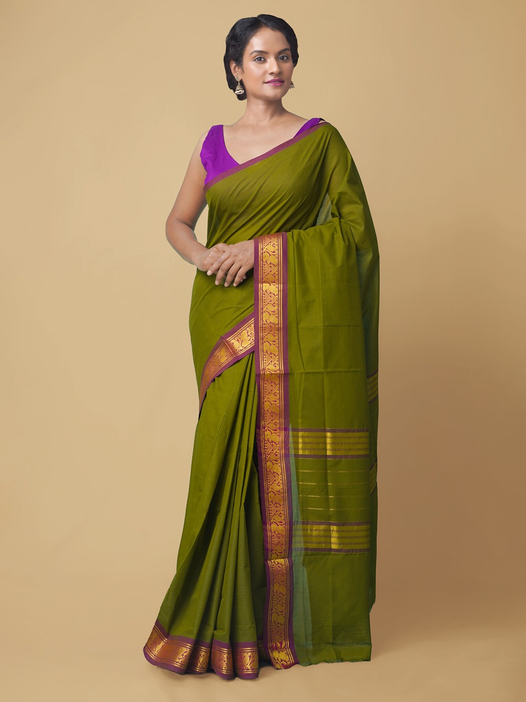 

Unnati Silks Green & Golden Striped Pure Cotton Kanjeevaram Saree