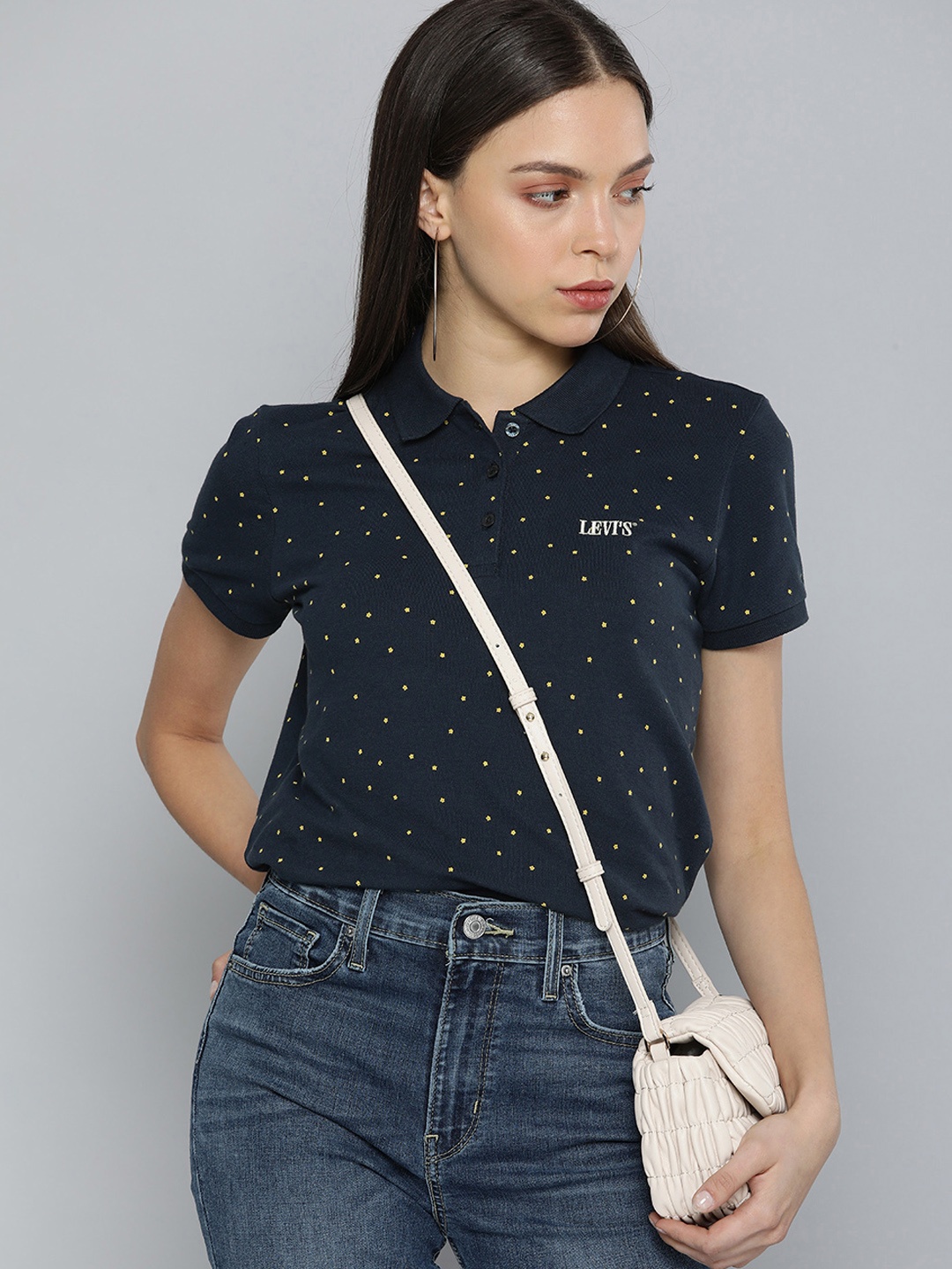

Levis Women Navy Blue & Yellow Printed Polo Collar T-shirt