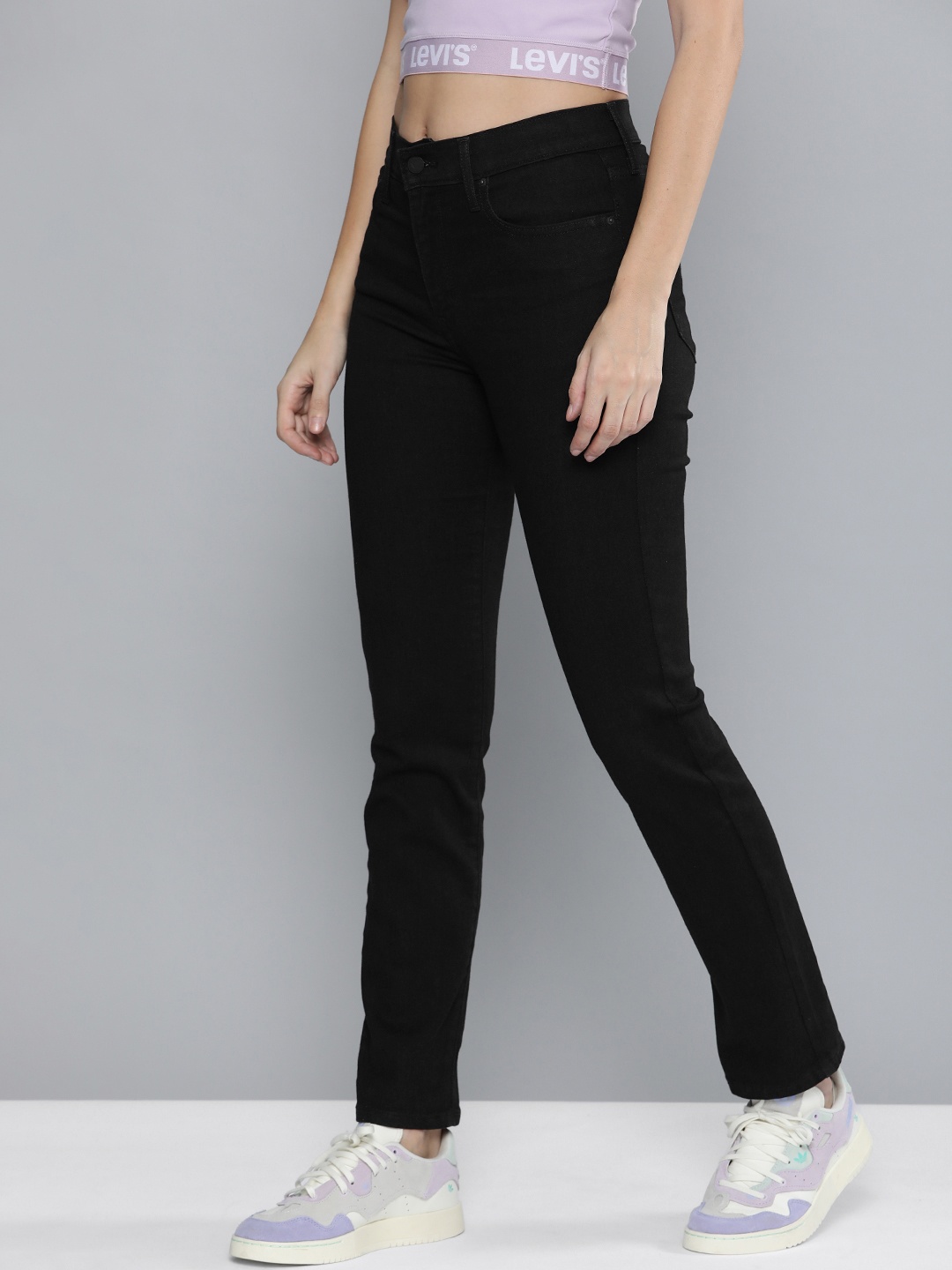 

Levis Women Black Straight Fit High-Rise Clean Look Stretchable Jeans
