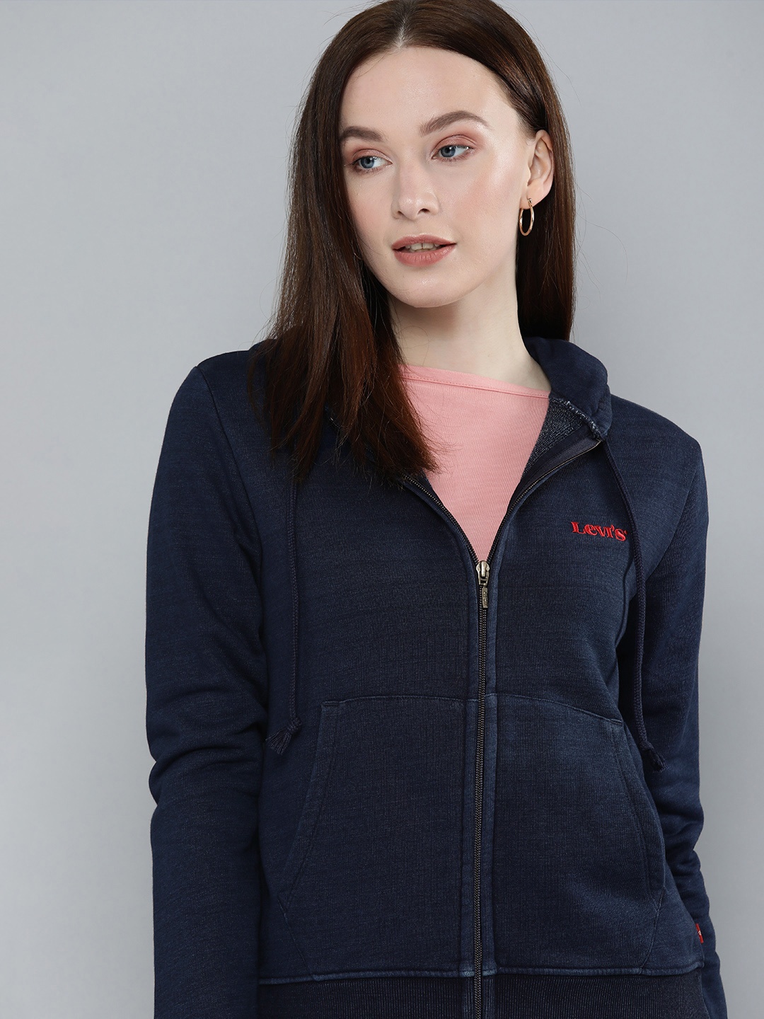 

Levis Women Navy Blue Brand logo Embroidered Hooded Sweatshirt