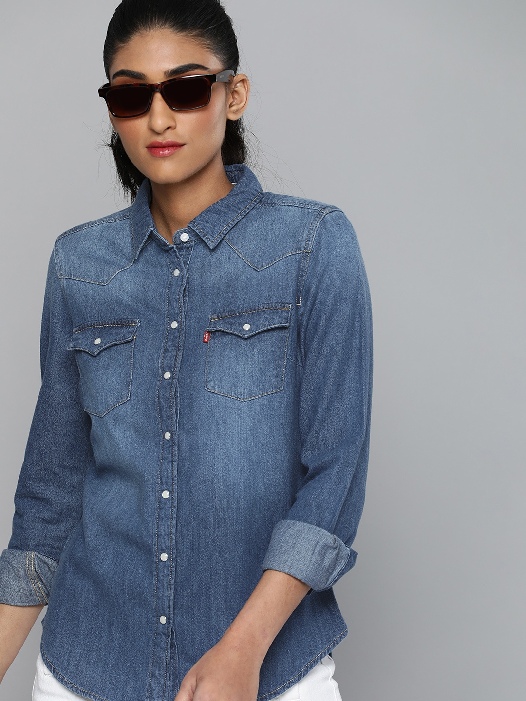 

Levis Women Blue Solid Regular Fit Casual Denim Shirt