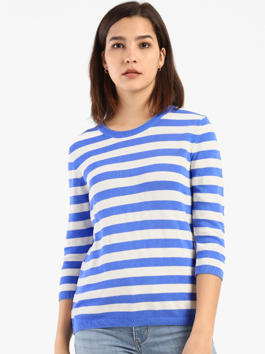 

Levis Women White Blue Striped Pure Cotton T-shirt