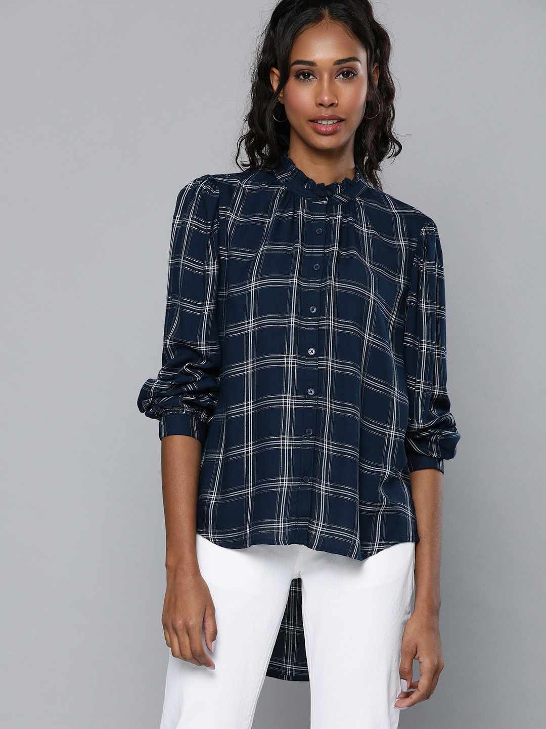 

Levis Navy Blue & White Checked High Low Hem Shirt Style Top