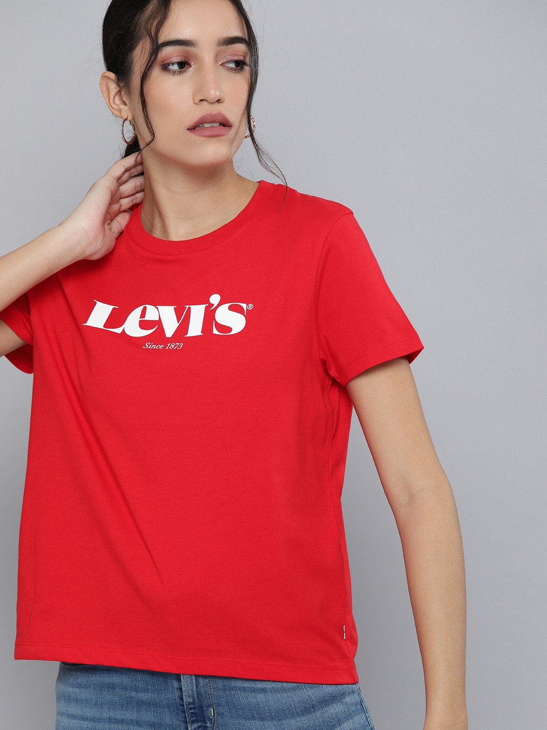 

Levis Women Red White Typography Printed Pure Cotton T-shirt
