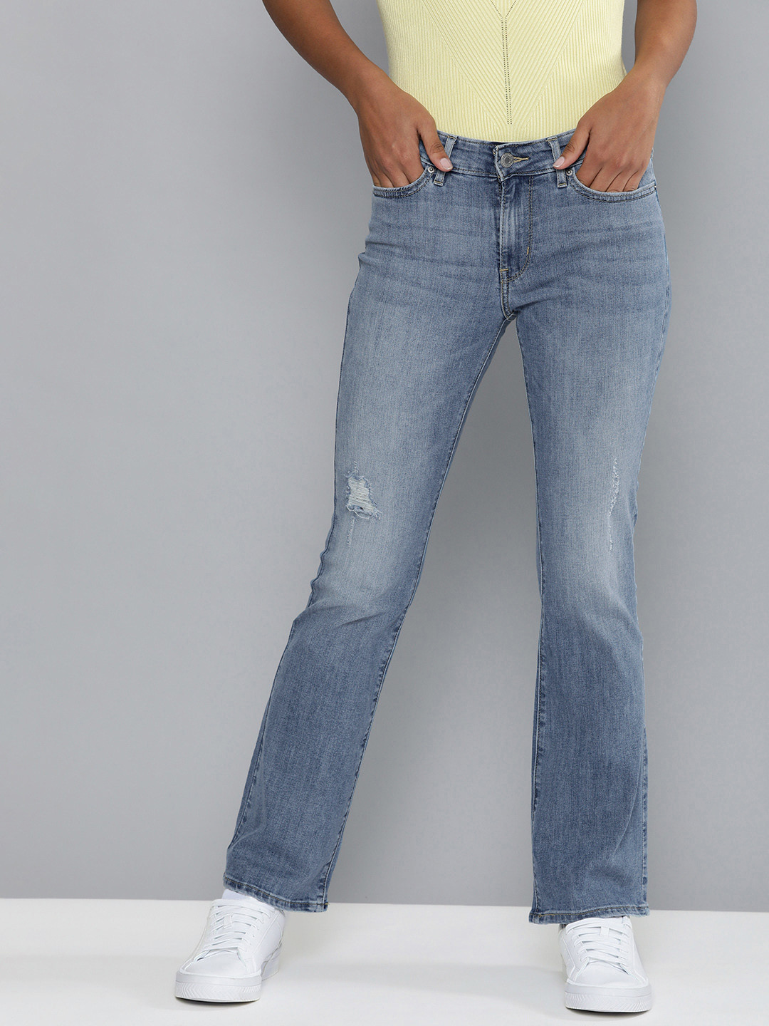 

Levis Women Blue Bootcut Low Distress Light Fade Stretchable Jeans