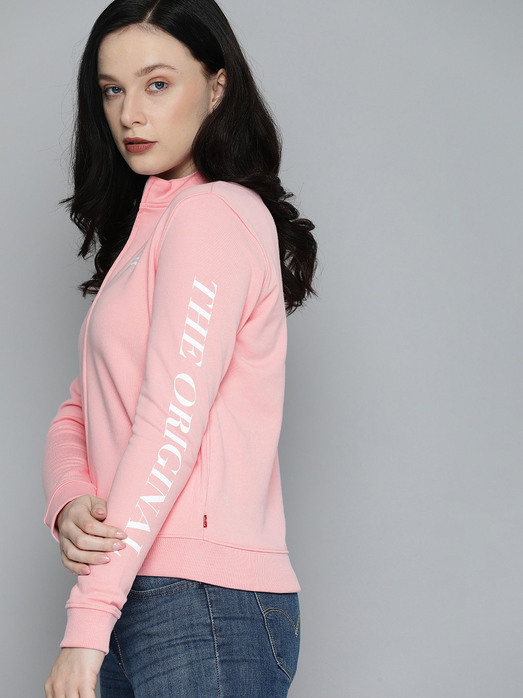 

Levis Women Baby Pink Solid Front-Open Sweatshirt With Typography Detail On Sleeve