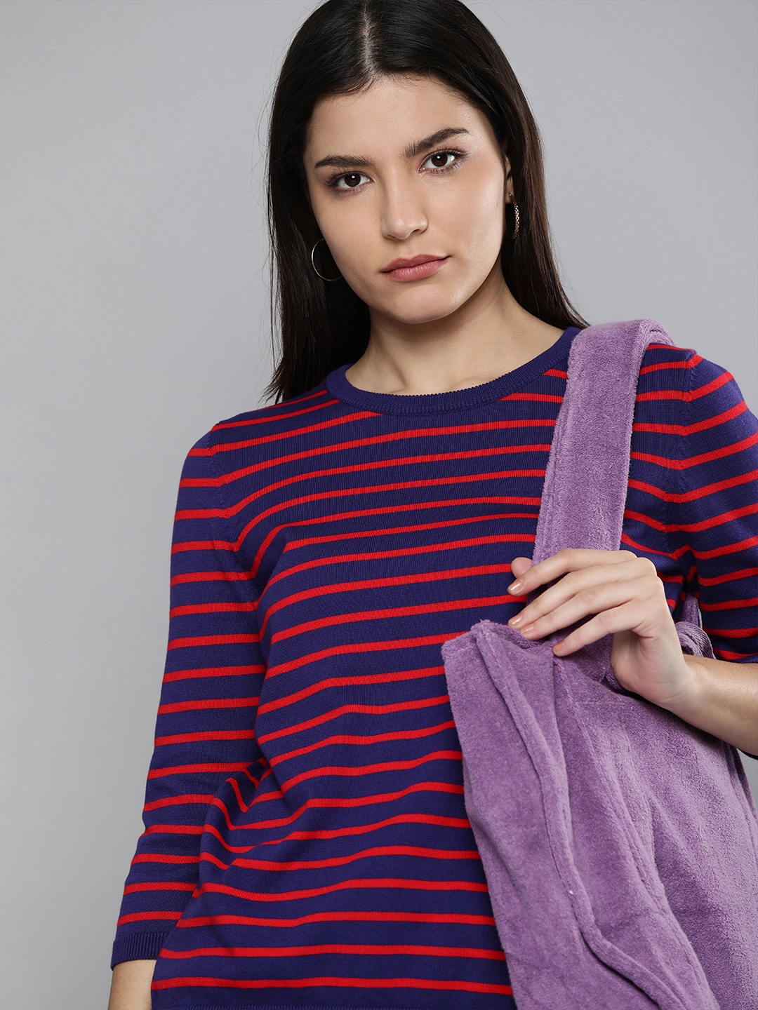 

Levis Women Violet Red Striped Pure Cotton T-shirt