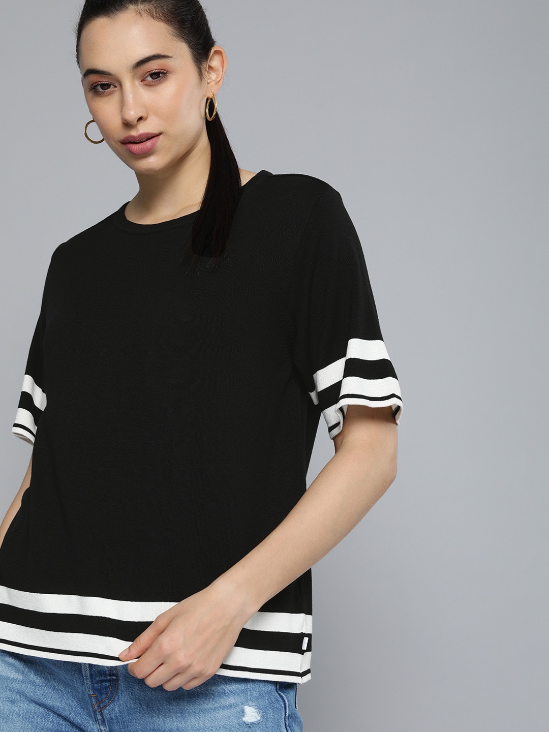 

Levis Women Black & White Striped T-shirt