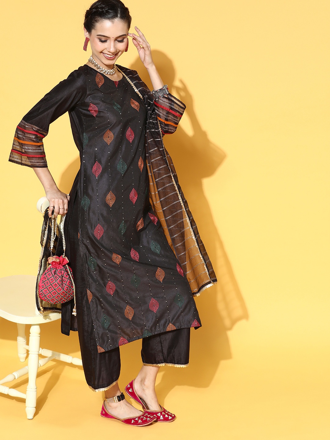 

Indo Era Deep Black and Red Embroidered Kurta with Solid Palazzos