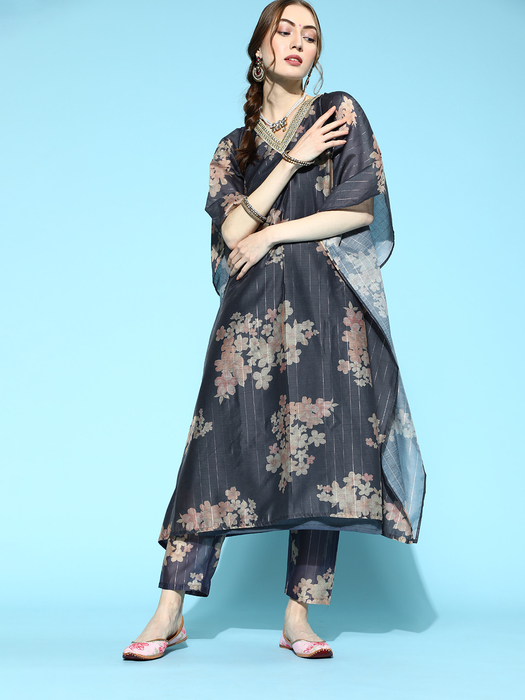

Indo Era Women Navy Blue & Beige Print Mirror Work Indigo Chanderi Silk Kaftan Kurta