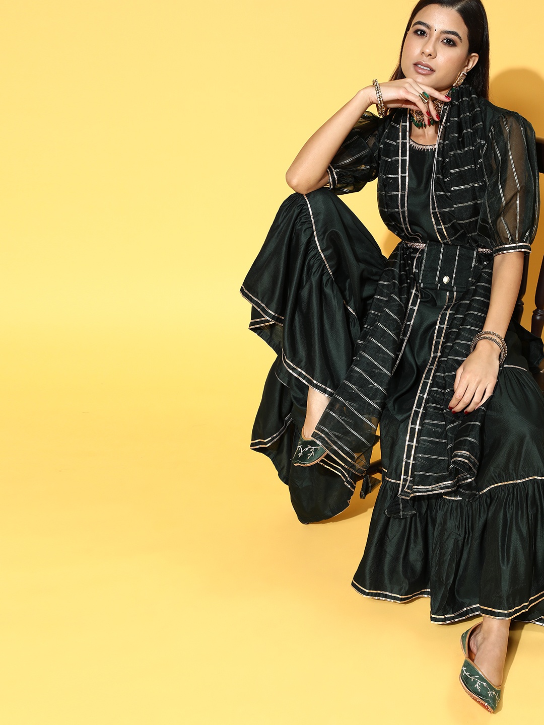 

Indo Era Enchanting Green Solid Kurta with Solid Sharara