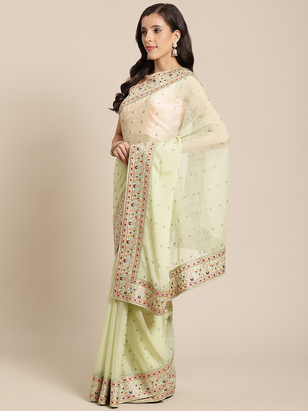 

SHUBHVASTRA Lime Green Embellished Saree