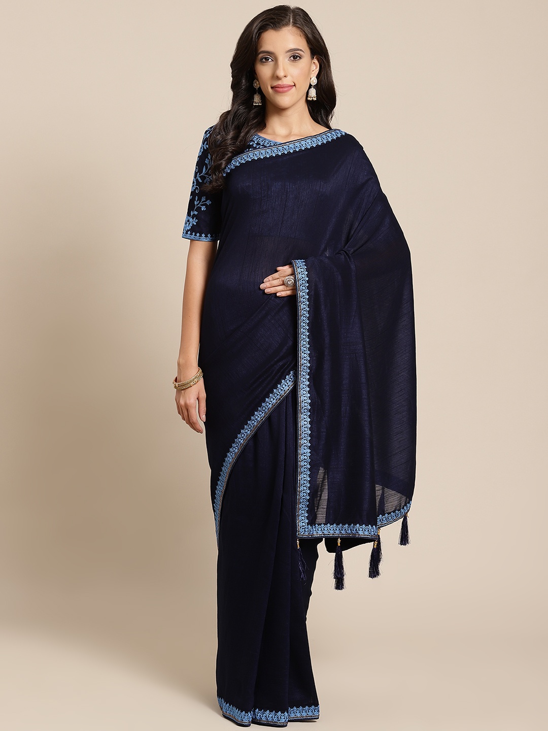 

SHUBHVASTRA Navy Blue Solid Saree