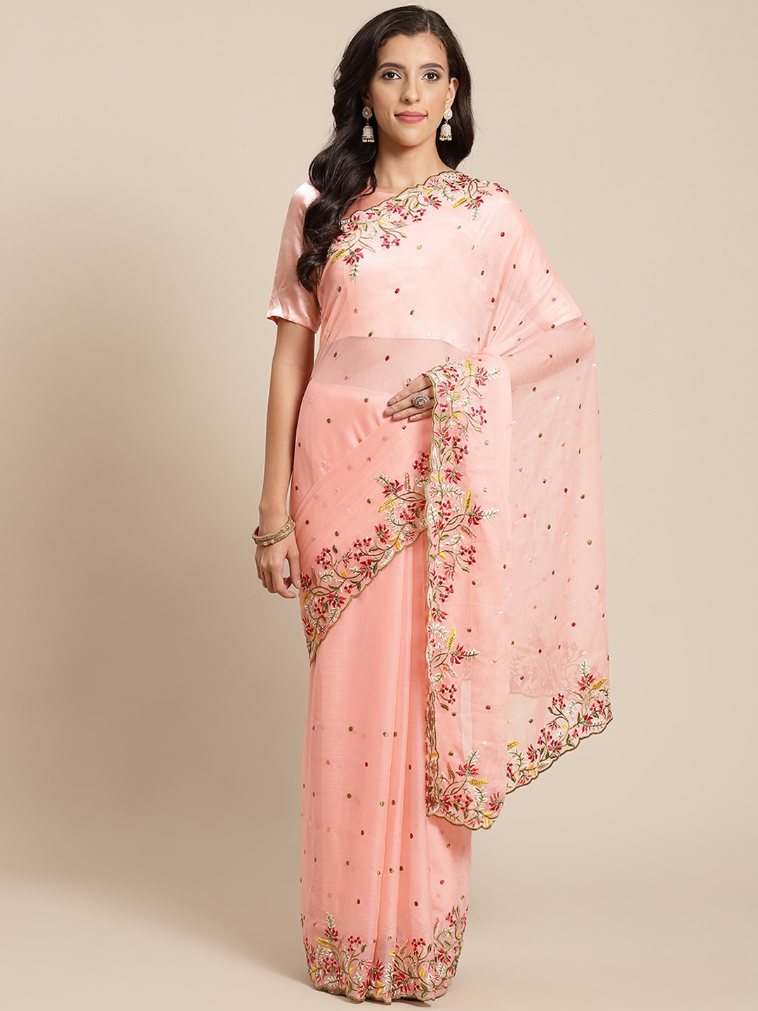 

SHUBHVASTRA Peach-Coloured Embroidered Saree
