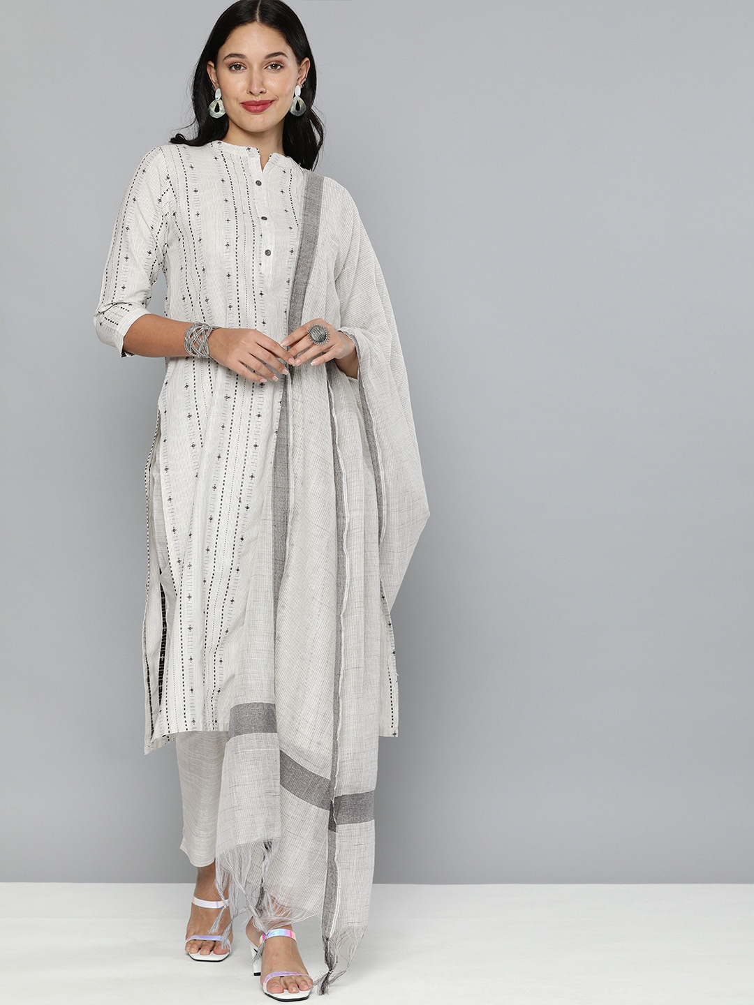 

Kvsfab White & Grey Ethnic Motif Patterned Pure Cotton Unstitched Dress Material