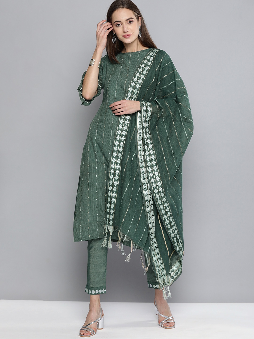 

Kvsfab Olive Green Pure Cotton Handloom Unstitched Sustainable Dress Material