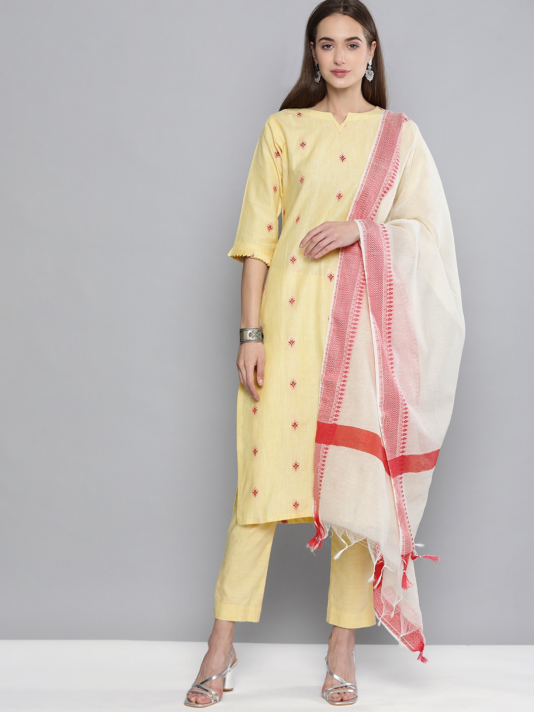 

Kvsfab Yellow & Off White Pure Cotton Handloom Unstitched Sustainable Dress Material