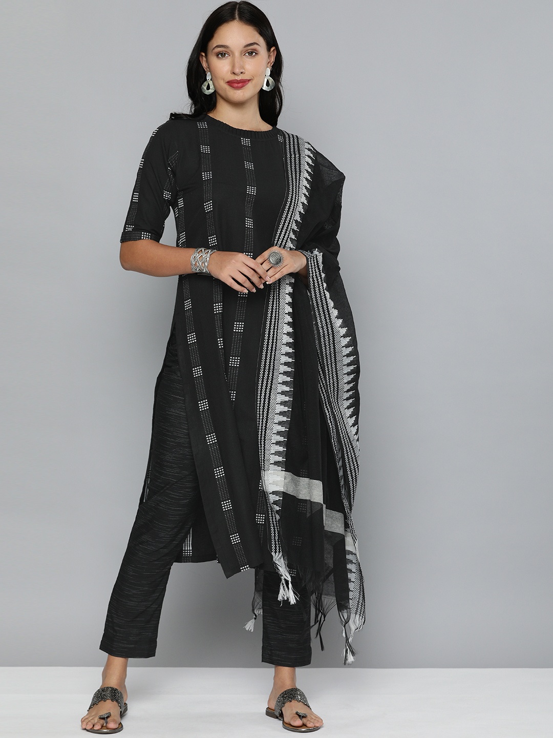 

Kvsfab Black & White Striped Pure Cotton Unstitched Dress Material